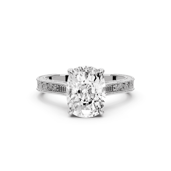 Daniel - 3ct 14k white gold Ecushion Vintage-Inspired Solitaire Engagement Ring with Hand-Engraved Milgrain Band - Mr. Alex Jewelry