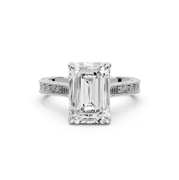 Daniel - 3ct 14k white gold Emerald Vintage-Inspired Solitaire Engagement Ring with Hand-Engraved Milgrain Band - Mr. Alex Jewelry