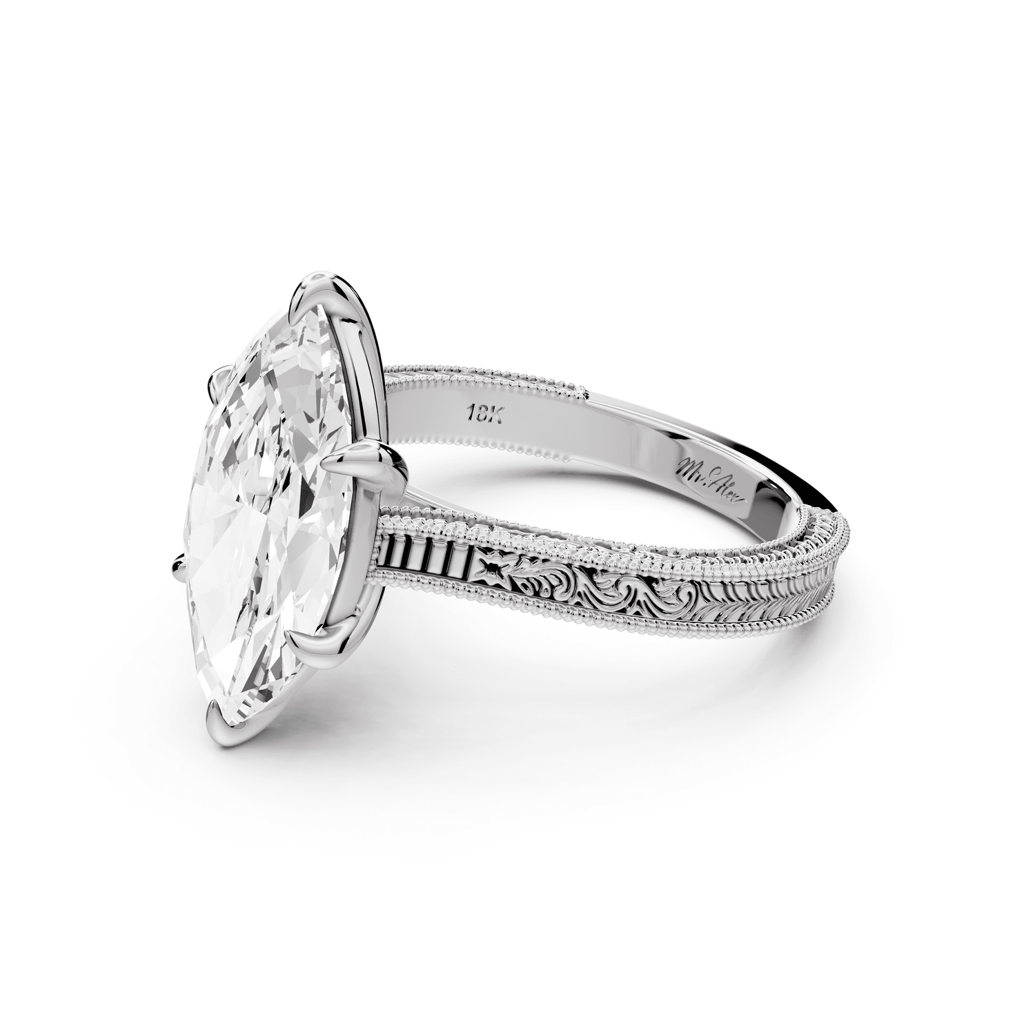 Daniel - 3ct 14k white gold Marquise Vintage-Inspired Solitaire Engagement Ring with Hand-Engraved Milgrain Band - Mr. Alex Jewelry