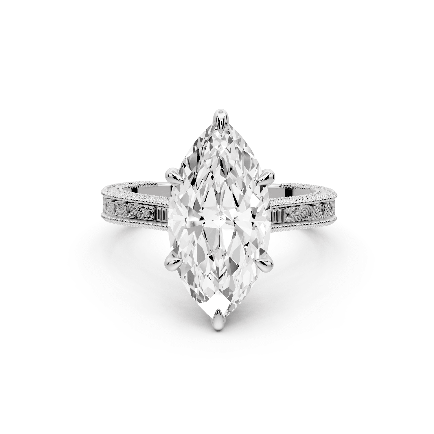 Daniel - 3ct 14k white gold Marquise Vintage-Inspired Solitaire Engagement Ring with Hand-Engraved Milgrain Band - Mr. Alex Jewelry
