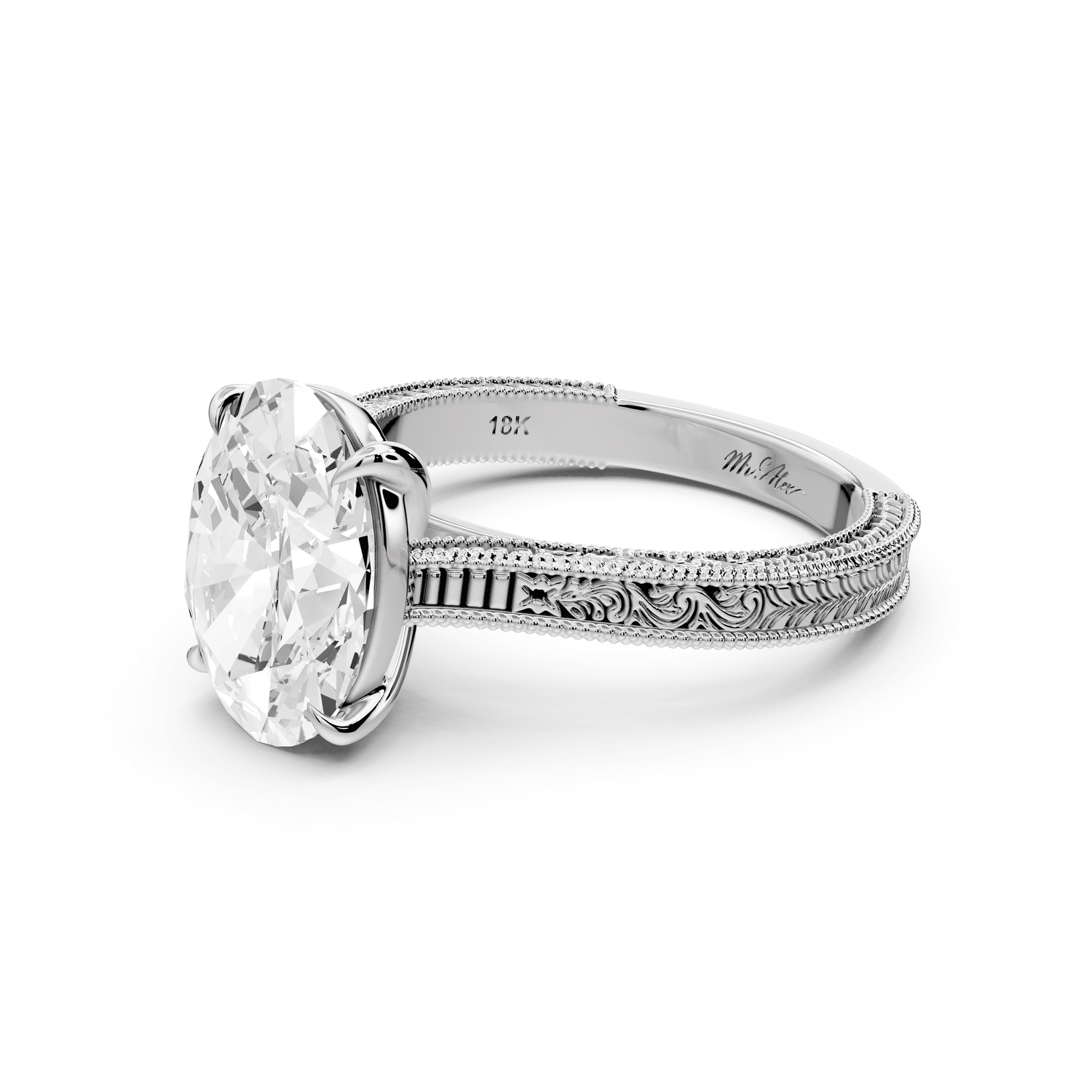 Daniel - 3ct 14k white gold Oval Vintage-Inspired Solitaire Engagement Ring with Hand-Engraved Milgrain Band - Mr. Alex Jewelry
