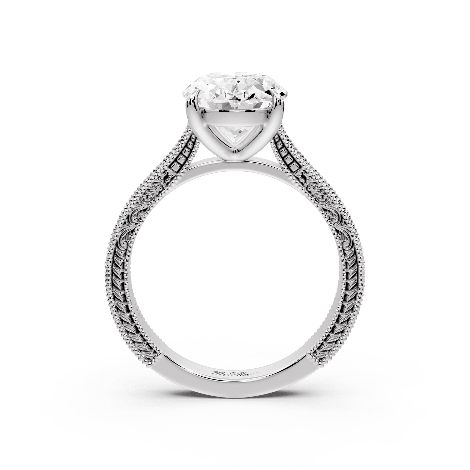 Daniel - 3ct 14k white gold Oval Vintage-Inspired Solitaire Engagement Ring with Hand-Engraved Milgrain Band - Mr. Alex Jewelry