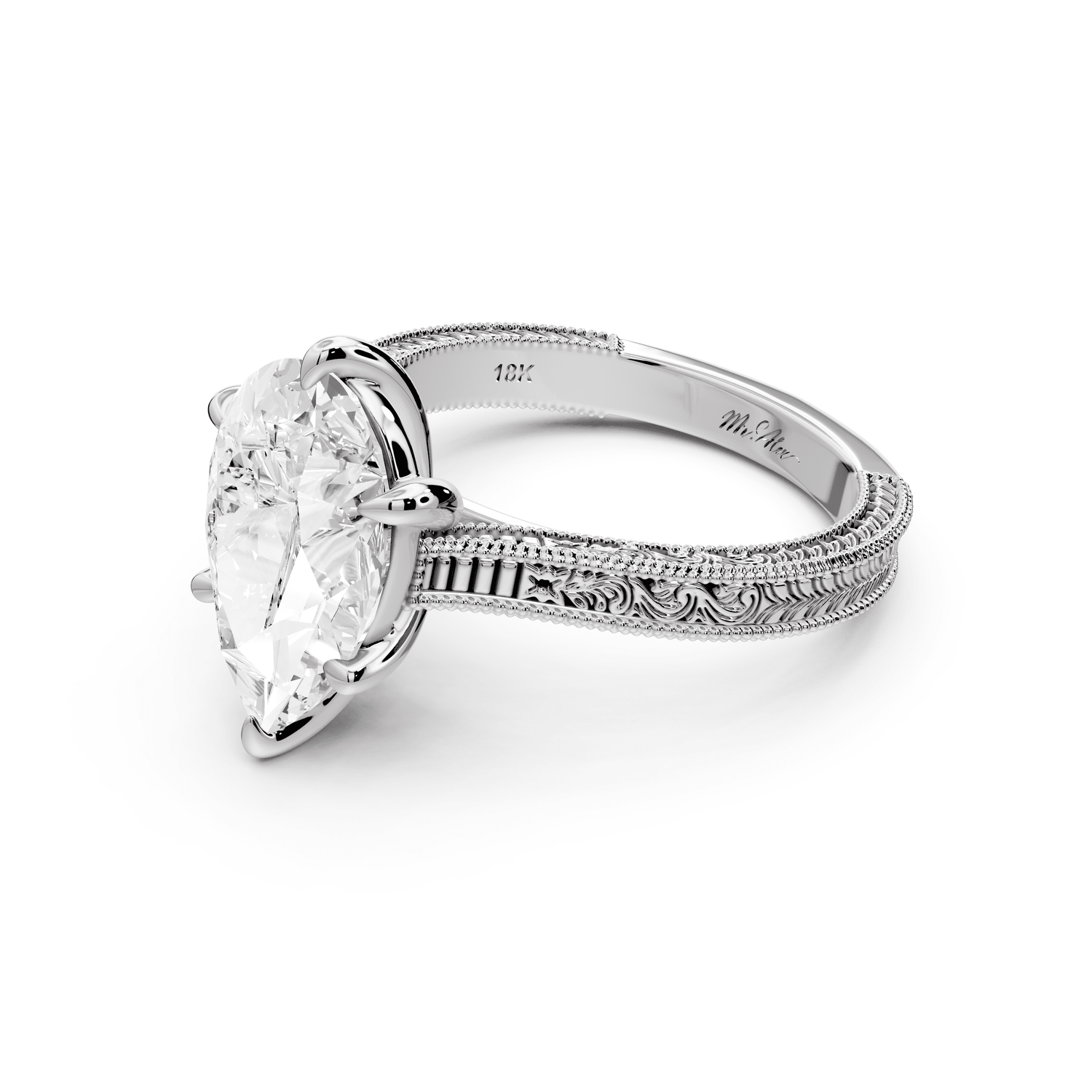 Daniel - 3ct 14k white gold Pear Vintage-Inspired Solitaire Engagement Ring with Hand-Engraved Milgrain Band - Mr. Alex Jewelry
