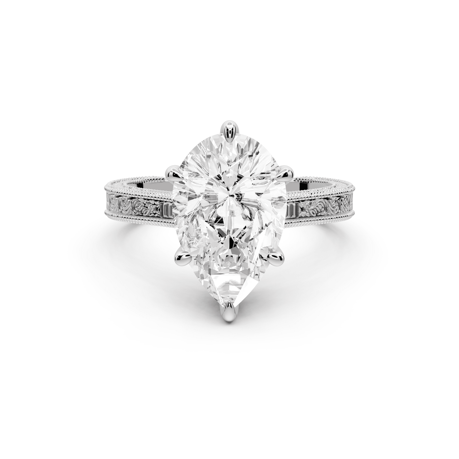 Daniel - 3ct 14k white gold Pear Vintage-Inspired Solitaire Engagement Ring with Hand-Engraved Milgrain Band - Mr. Alex Jewelry