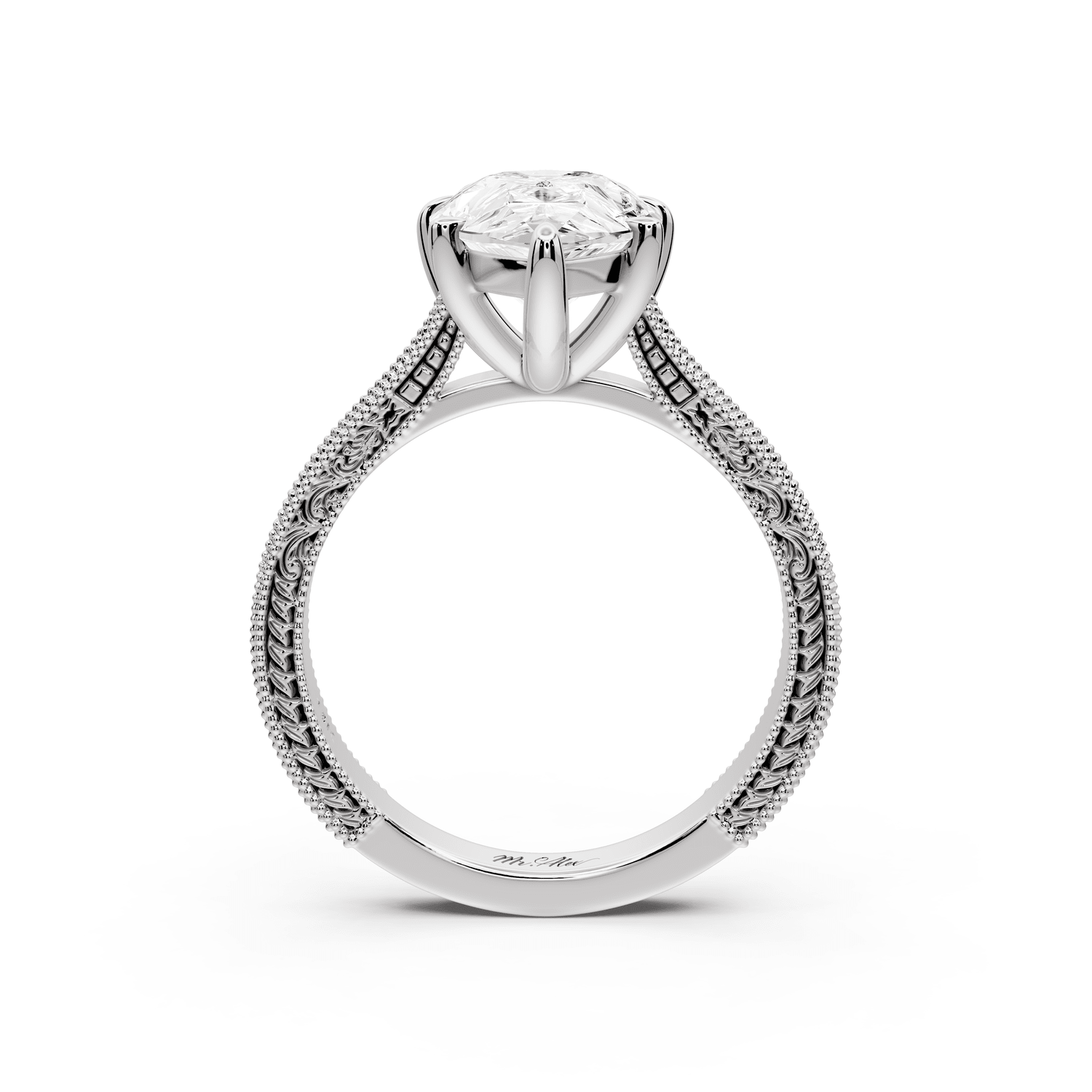 Daniel - 3ct 14k white gold Pear Vintage-Inspired Solitaire Engagement Ring with Hand-Engraved Milgrain Band - Mr. Alex Jewelry
