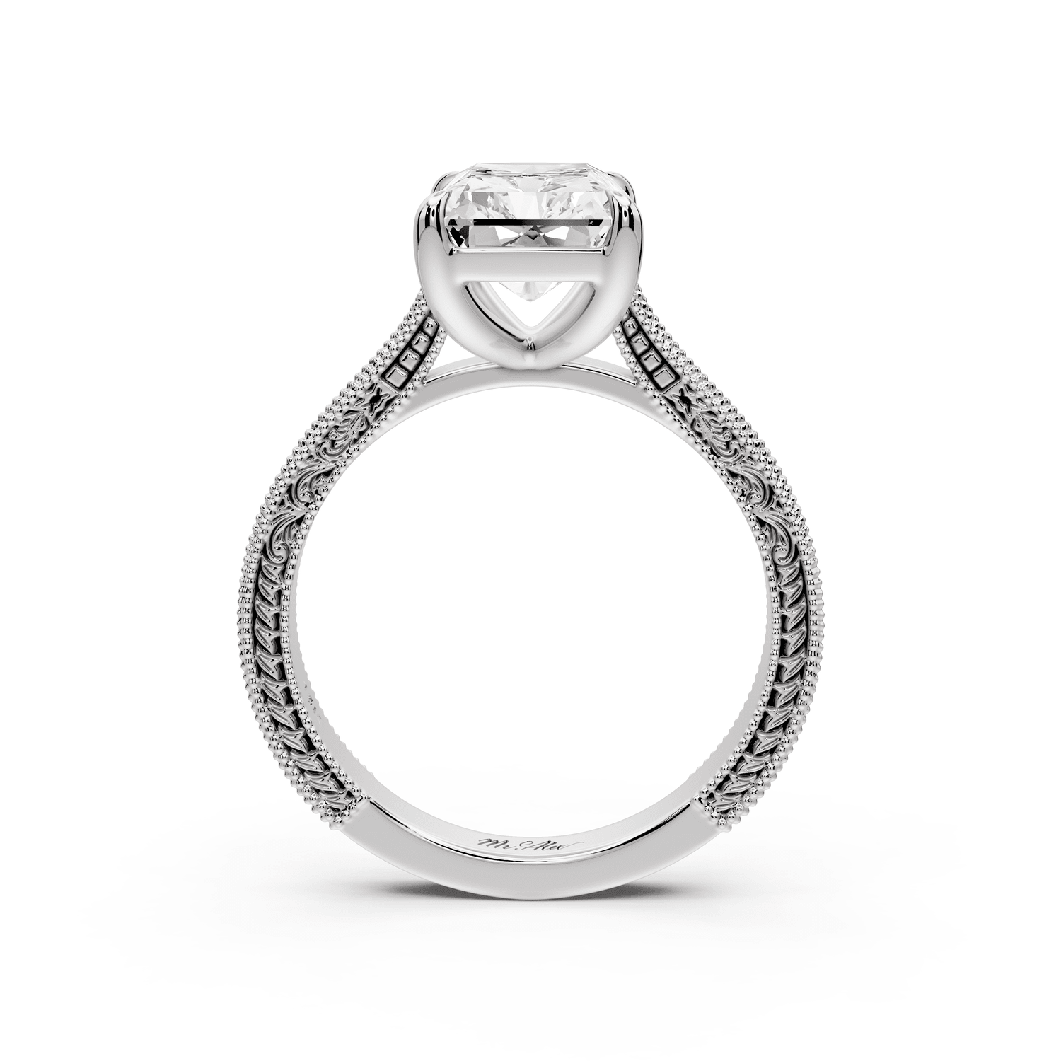 Daniel - 3ct 14k white gold Radiant Vintage-Inspired Solitaire Engagement Ring with Hand-Engraved Milgrain Band - Mr. Alex Jewelry