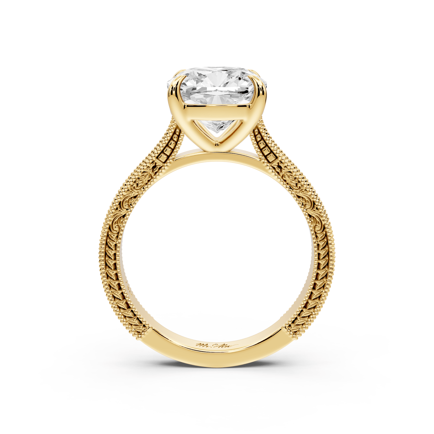 Daniel - 3ct 14k yellow gold Cushion Vintage-Inspired Solitaire Engagement Ring with Hand-Engraved Milgrain Band - Mr. Alex Jewelry