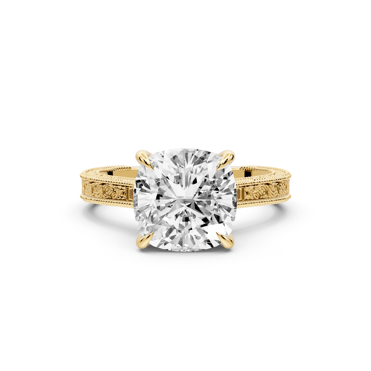 Daniel - 3ct 14k yellow gold Cushion Vintage-Inspired Solitaire Engagement Ring with Hand-Engraved Milgrain Band - Mr. Alex Jewelry