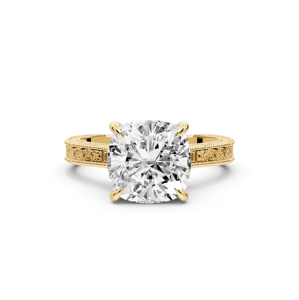 Daniel - 3ct 14k yellow gold Cushion Vintage-Inspired Solitaire Engagement Ring with Hand-Engraved Milgrain Band - Mr. Alex Jewelry