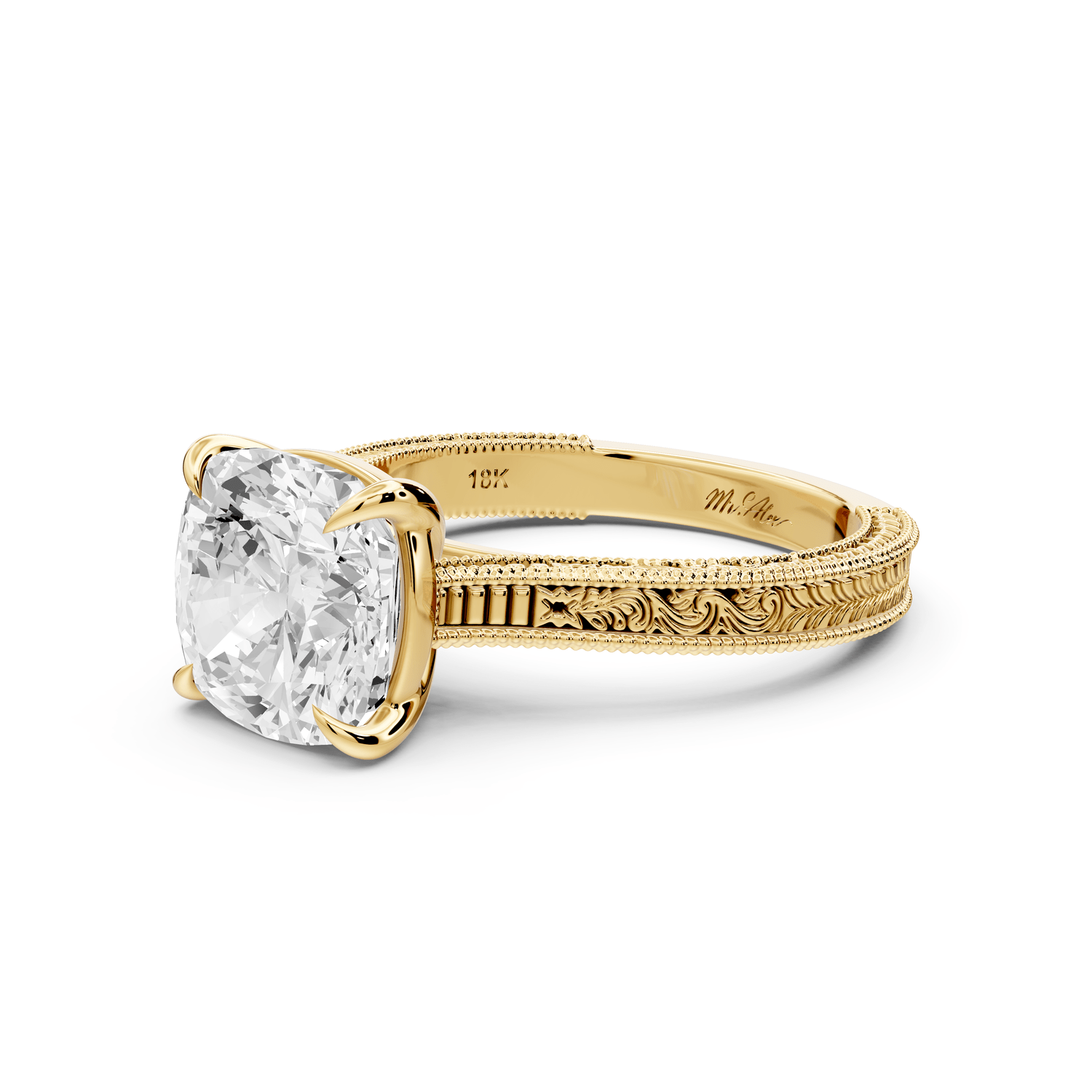 Daniel - 3ct 14k yellow gold Cushion Vintage-Inspired Solitaire Engagement Ring with Hand-Engraved Milgrain Band - Mr. Alex Jewelry