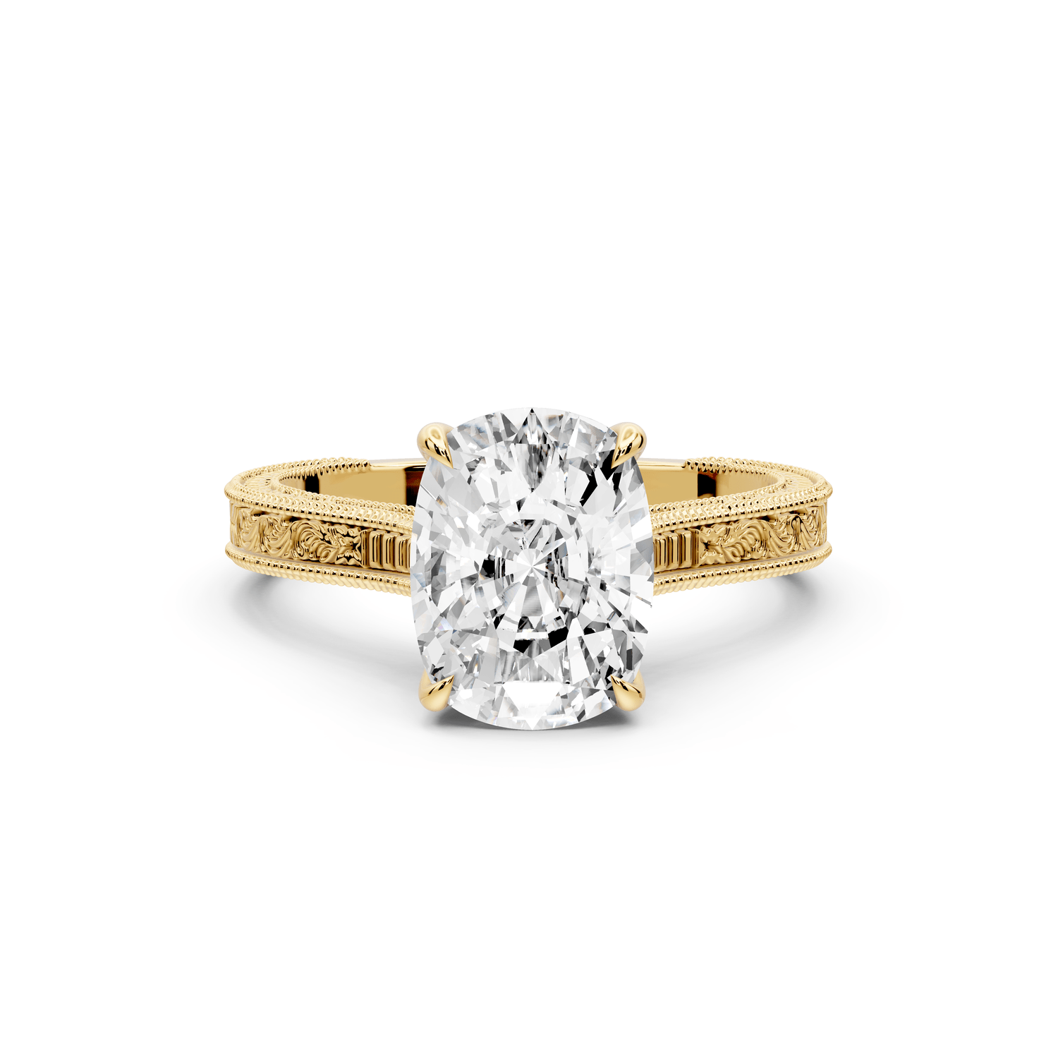 Daniel - 3ct 14k yellow gold Ecushion Vintage-Inspired Solitaire Engagement Ring with Hand-Engraved Milgrain Band - Mr. Alex Jewelry