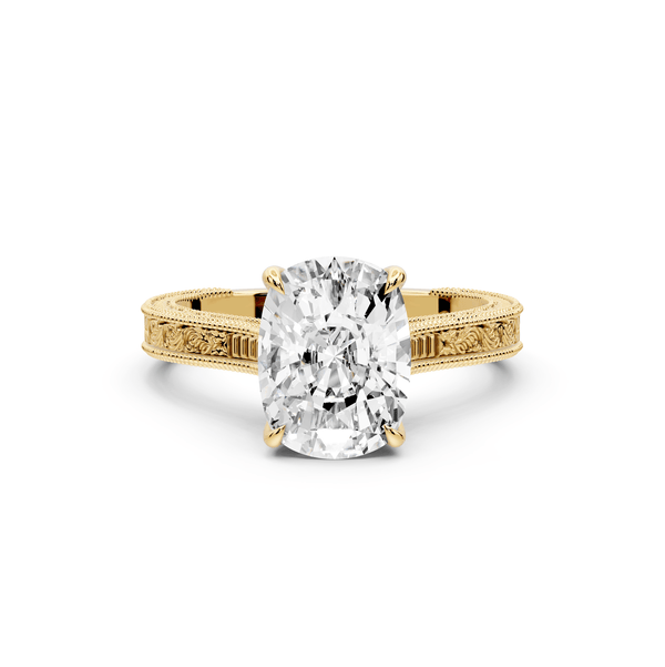 Daniel - 3ct 14k yellow gold Ecushion Vintage-Inspired Solitaire Engagement Ring with Hand-Engraved Milgrain Band - Mr. Alex Jewelry