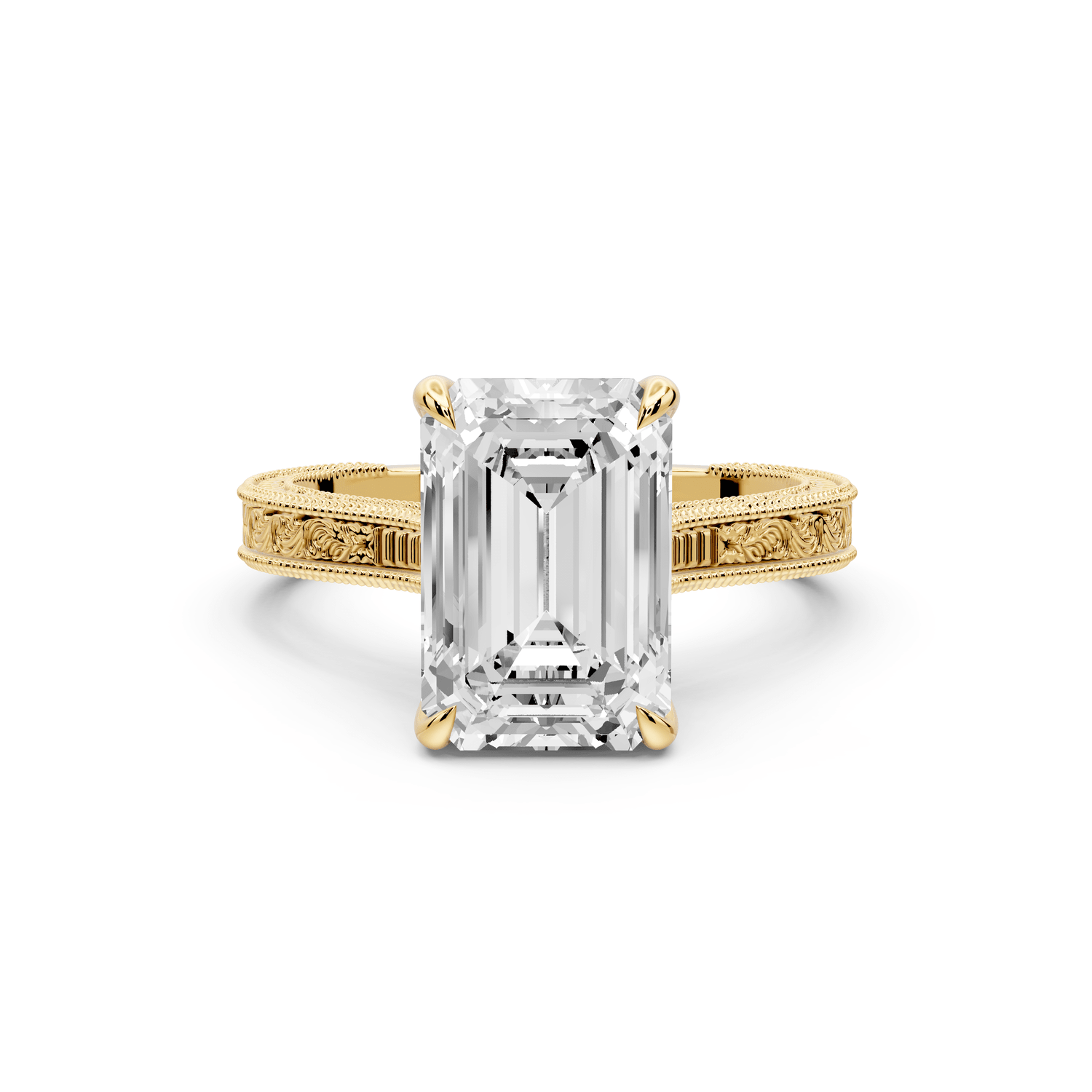 Daniel - 3ct 14k yellow gold Emerald Vintage-Inspired Solitaire Engagement Ring with Hand-Engraved Milgrain Band - Mr. Alex Jewelry