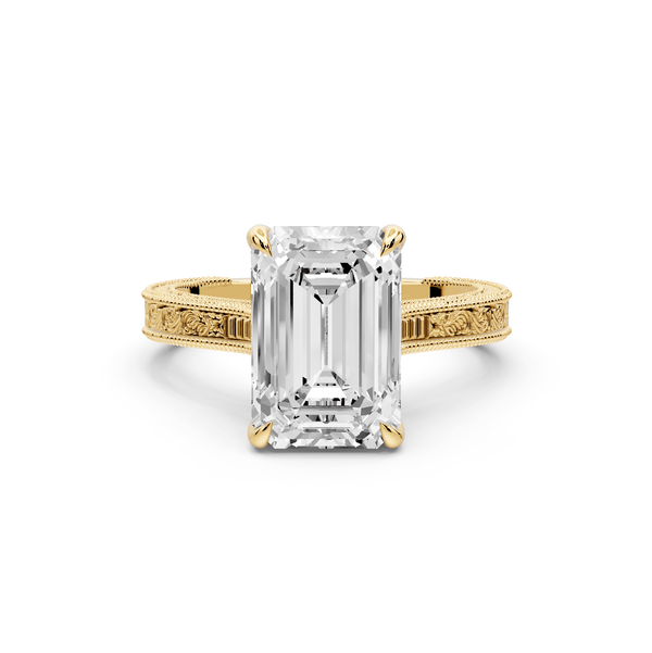 Daniel - 3ct 14k yellow gold Emerald Vintage-Inspired Solitaire Engagement Ring with Hand-Engraved Milgrain Band - Mr. Alex Jewelry