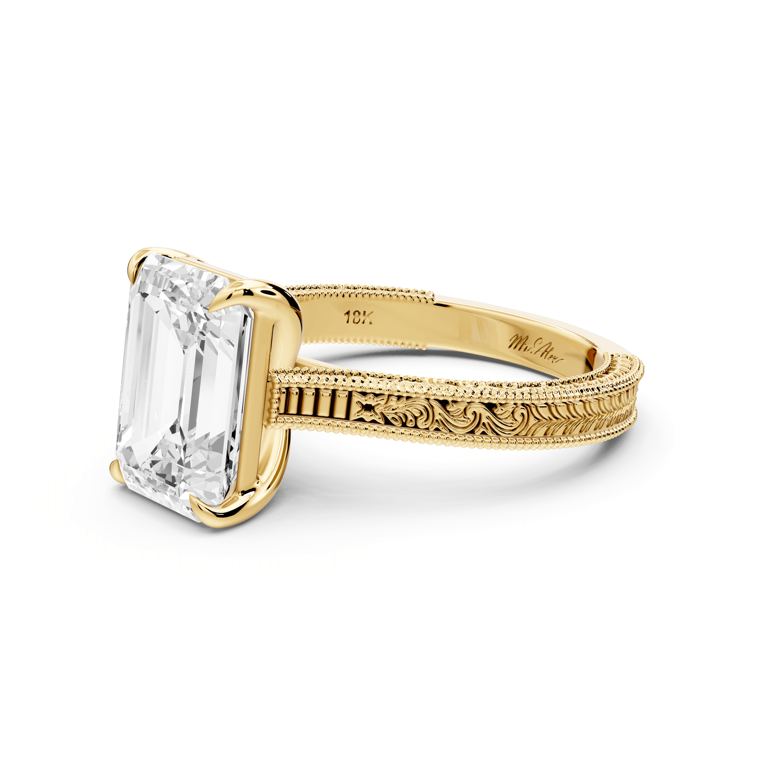 Daniel - 3ct 14k yellow gold Emerald Vintage-Inspired Solitaire Engagement Ring with Hand-Engraved Milgrain Band - Mr. Alex Jewelry