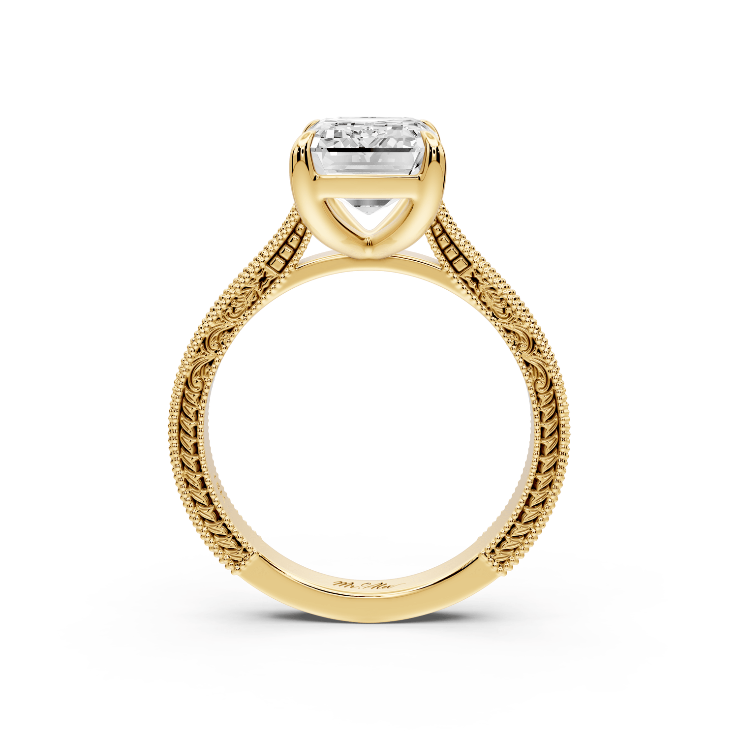 Daniel - 3ct 14k yellow gold Emerald Vintage-Inspired Solitaire Engagement Ring with Hand-Engraved Milgrain Band - Mr. Alex Jewelry