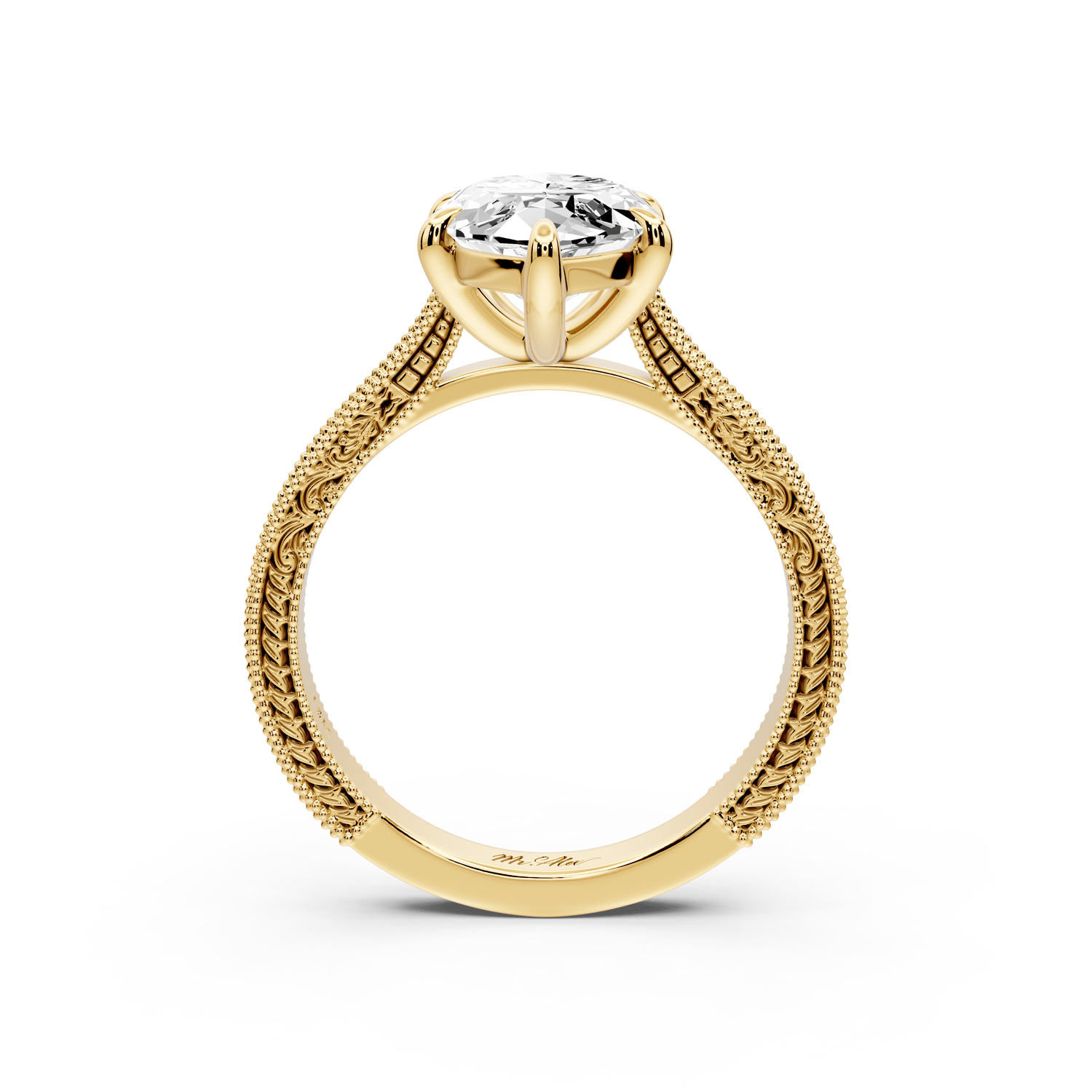 Daniel - 3ct 14k yellow gold Marquise Vintage-Inspired Solitaire Engagement Ring with Hand-Engraved Milgrain Band - Mr. Alex Jewelry