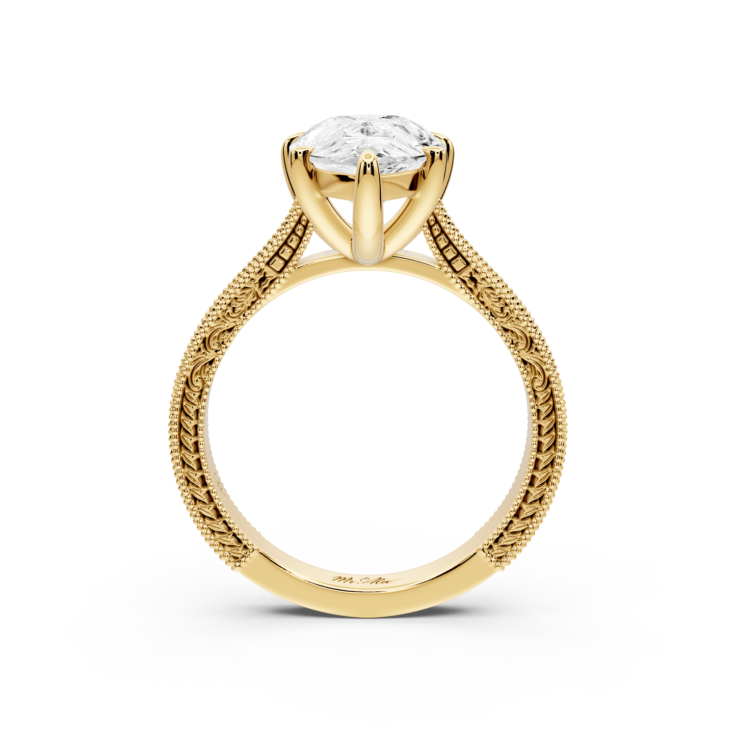 Daniel - 3ct 14k yellow gold Pear Vintage-Inspired Solitaire Engagement Ring with Hand-Engraved Milgrain Band - Mr. Alex Jewelry