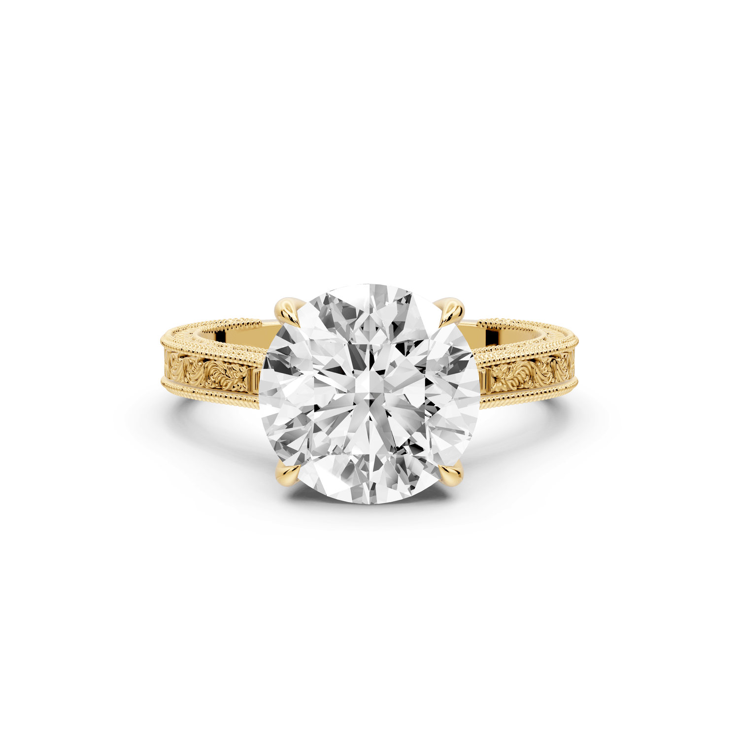 Daniel - 3ct 14k yellow gold Round Vintage-Inspired Solitaire Engagement Ring with Hand-Engraved Milgrain Band - Mr. Alex Jewelry