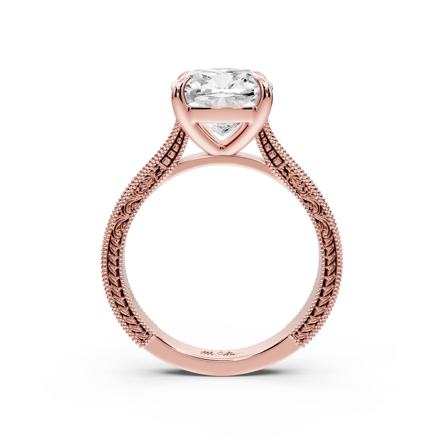 Daniel - 3ct 18k rose gold Cushion Vintage-Inspired Solitaire Engagement Ring with Hand-Engraved Milgrain Band - Mr. Alex Jewelry