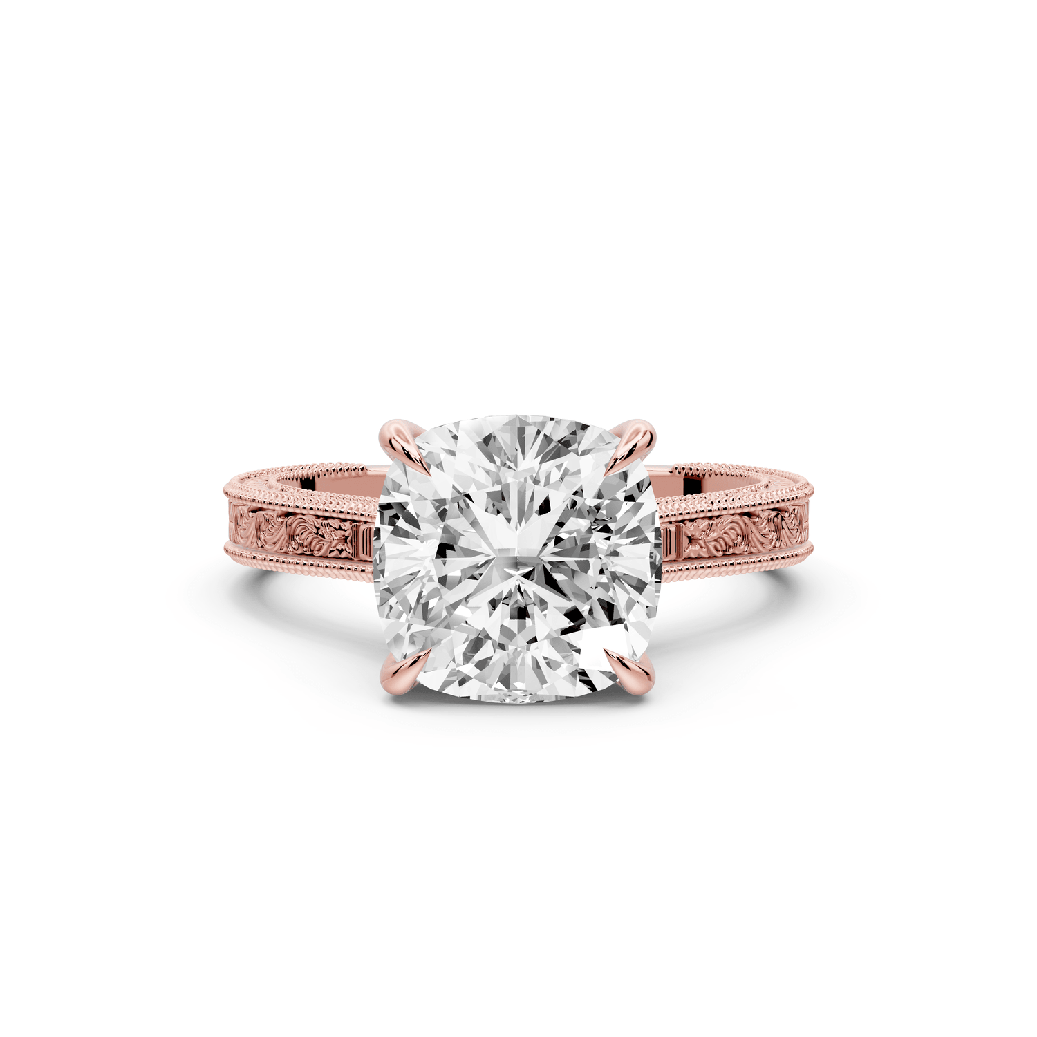 Daniel - 3ct 18k rose gold Cushion Vintage-Inspired Solitaire Engagement Ring with Hand-Engraved Milgrain Band - Mr. Alex Jewelry