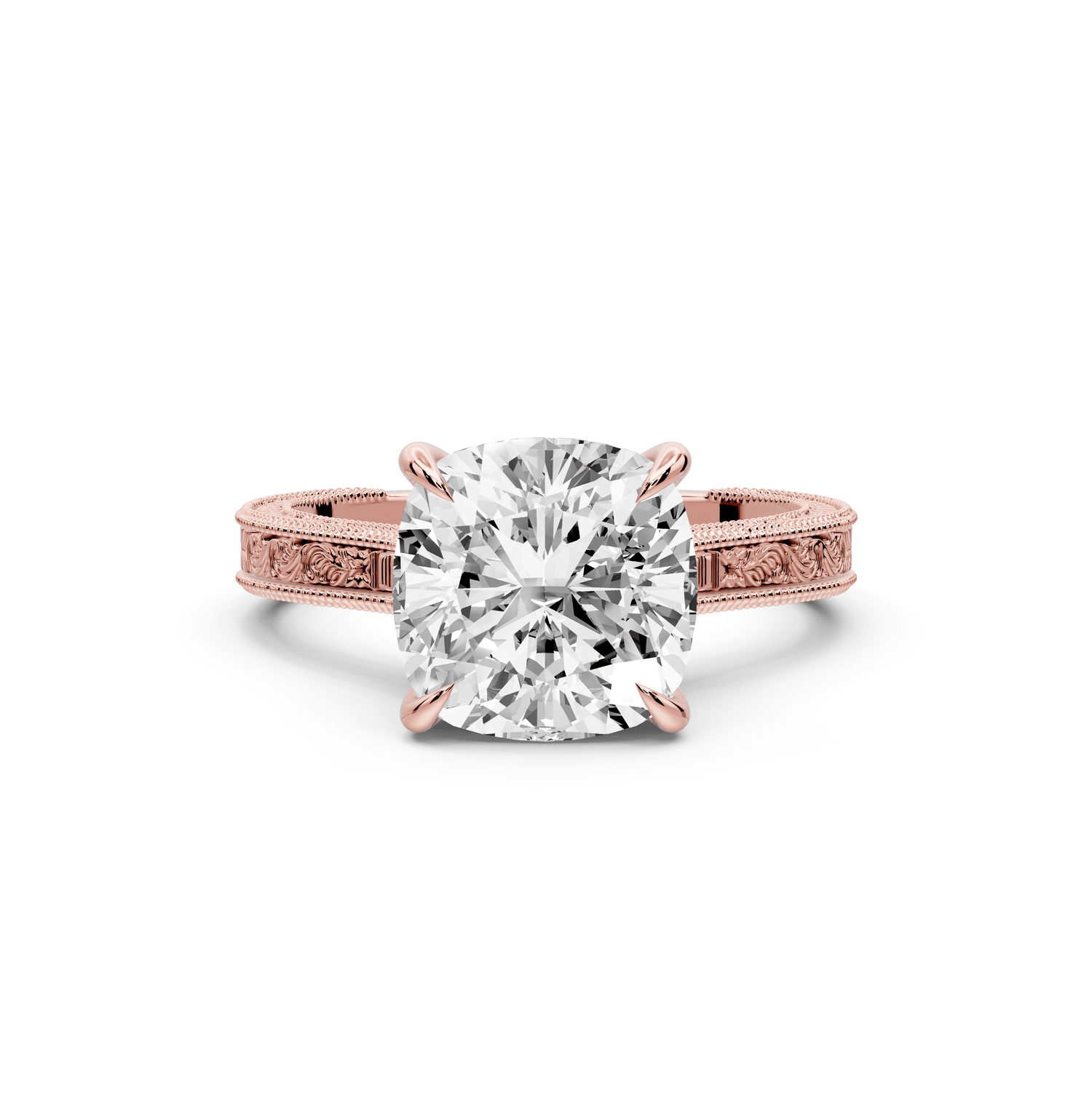 Daniel - 3ct 18k rose gold Cushion Vintage-Inspired Solitaire Engagement Ring with Hand-Engraved Milgrain Band - Mr. Alex Jewelry