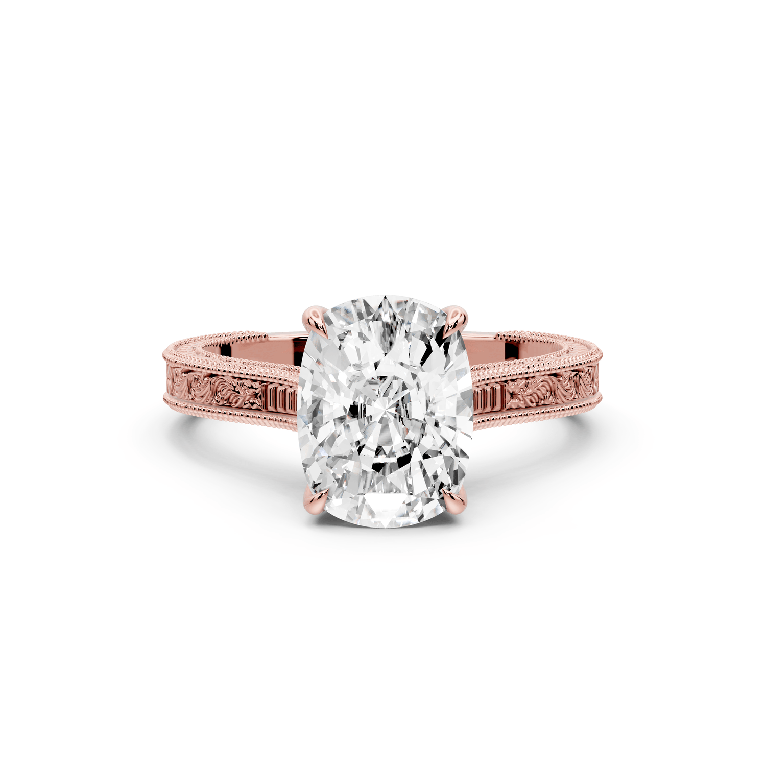 Daniel - 3ct 18k rose gold Ecushion Vintage-Inspired Solitaire Engagement Ring with Hand-Engraved Milgrain Band - Mr. Alex Jewelry
