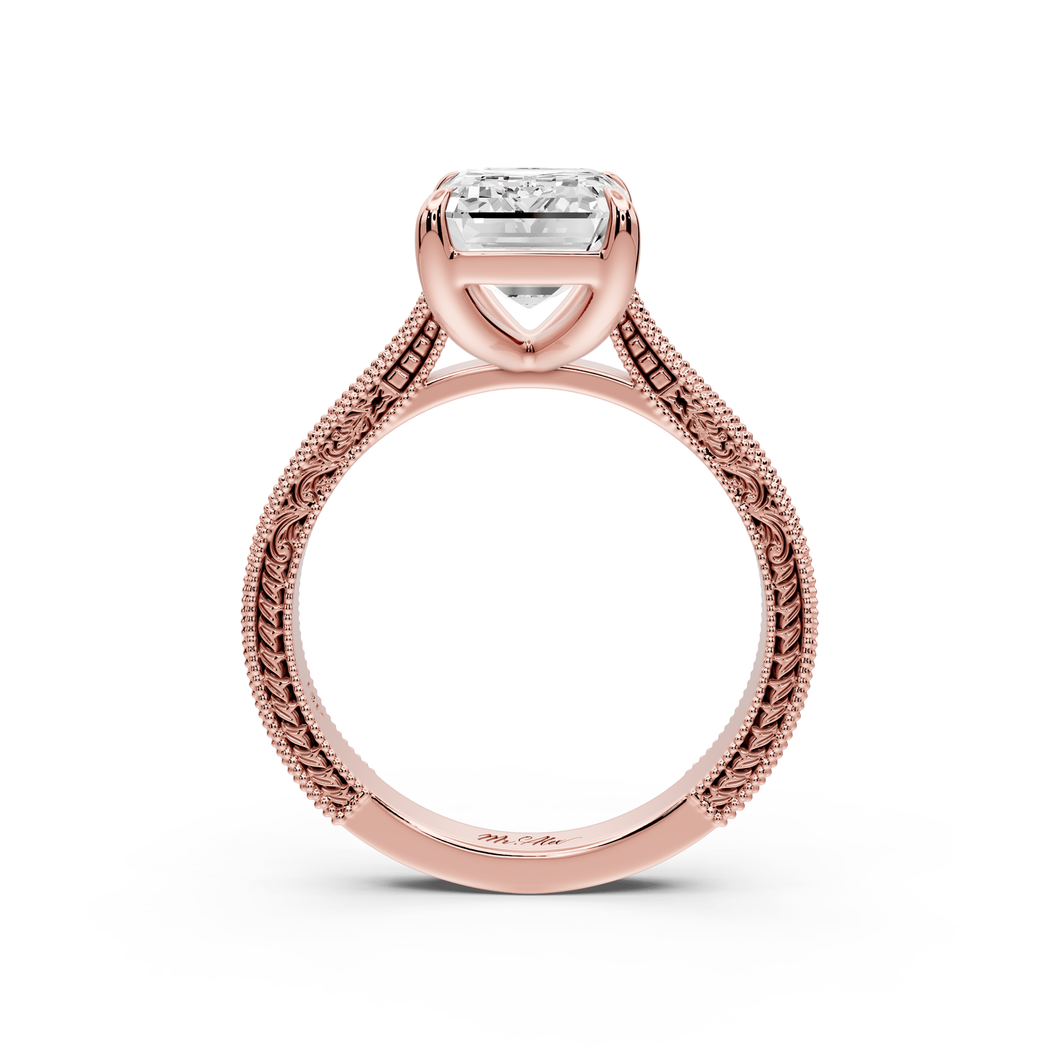 Daniel - 3ct 18k rose gold Emerald Vintage-Inspired Solitaire Engagement Ring with Hand-Engraved Milgrain Band - Mr. Alex Jewelry