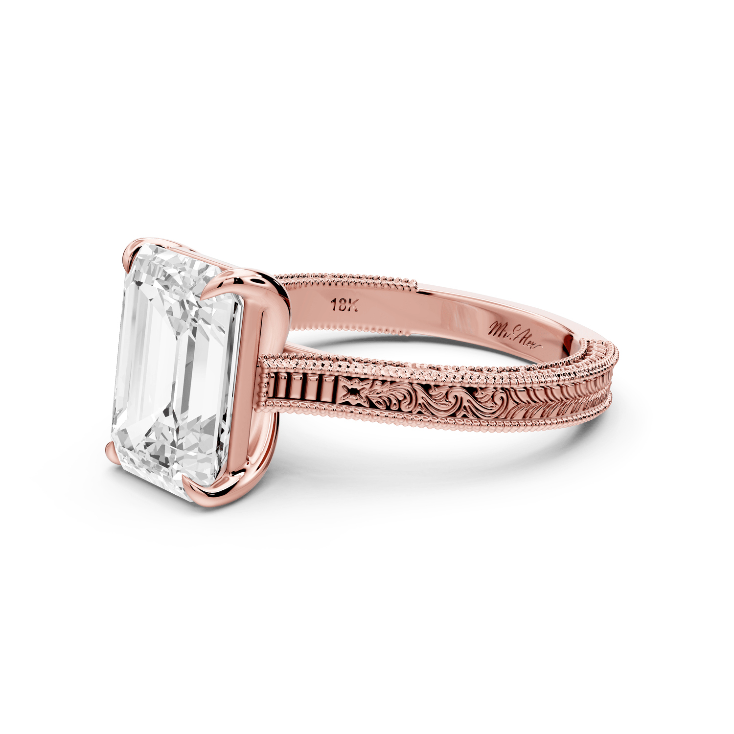 Daniel - 3ct 18k rose gold Emerald Vintage-Inspired Solitaire Engagement Ring with Hand-Engraved Milgrain Band - Mr. Alex Jewelry