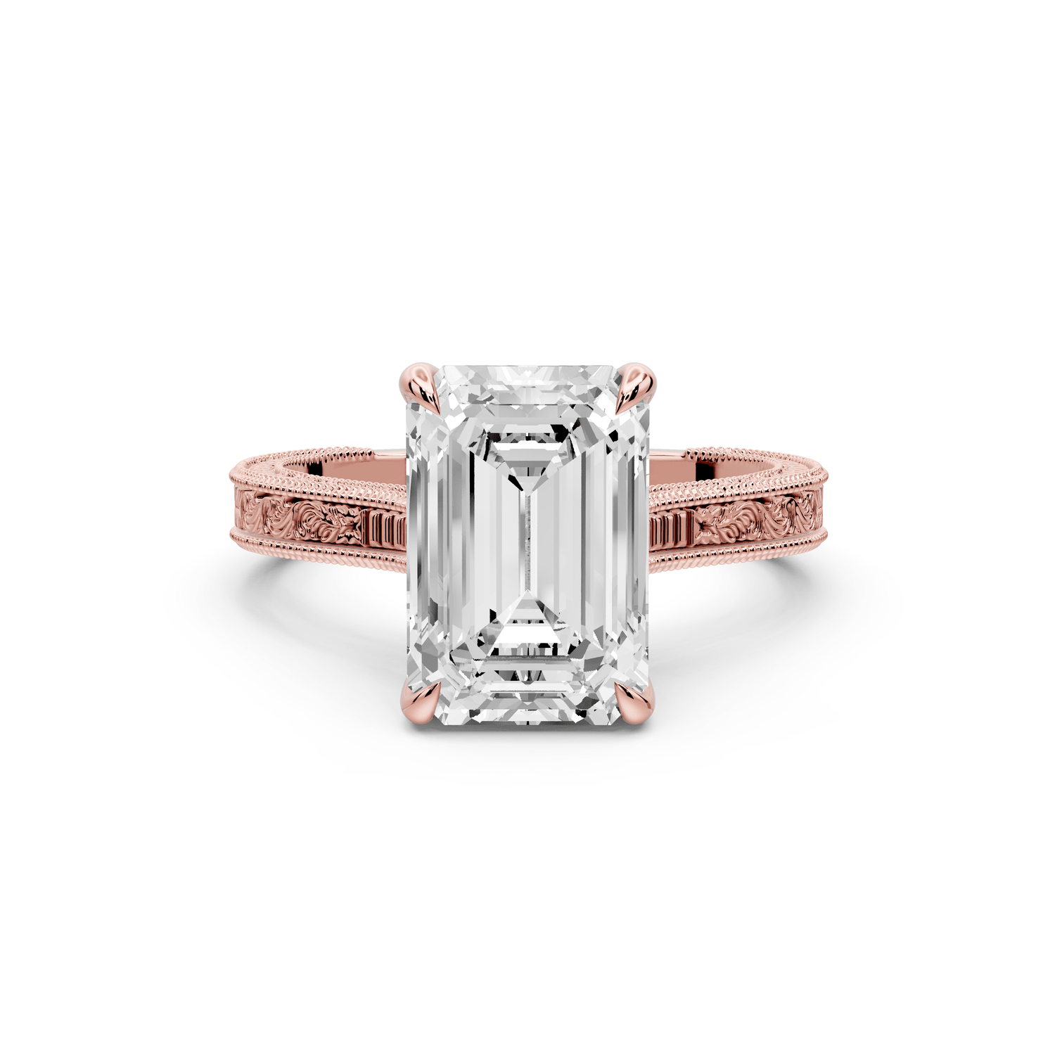 Daniel - 3ct 18k rose gold Emerald Vintage-Inspired Solitaire Engagement Ring with Hand-Engraved Milgrain Band - Mr. Alex Jewelry