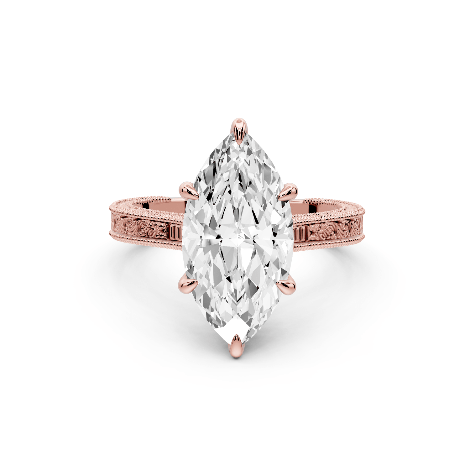 Daniel - 3ct 18k rose gold Marquise Vintage-Inspired Solitaire Engagement Ring with Hand-Engraved Milgrain Band - Mr. Alex Jewelry