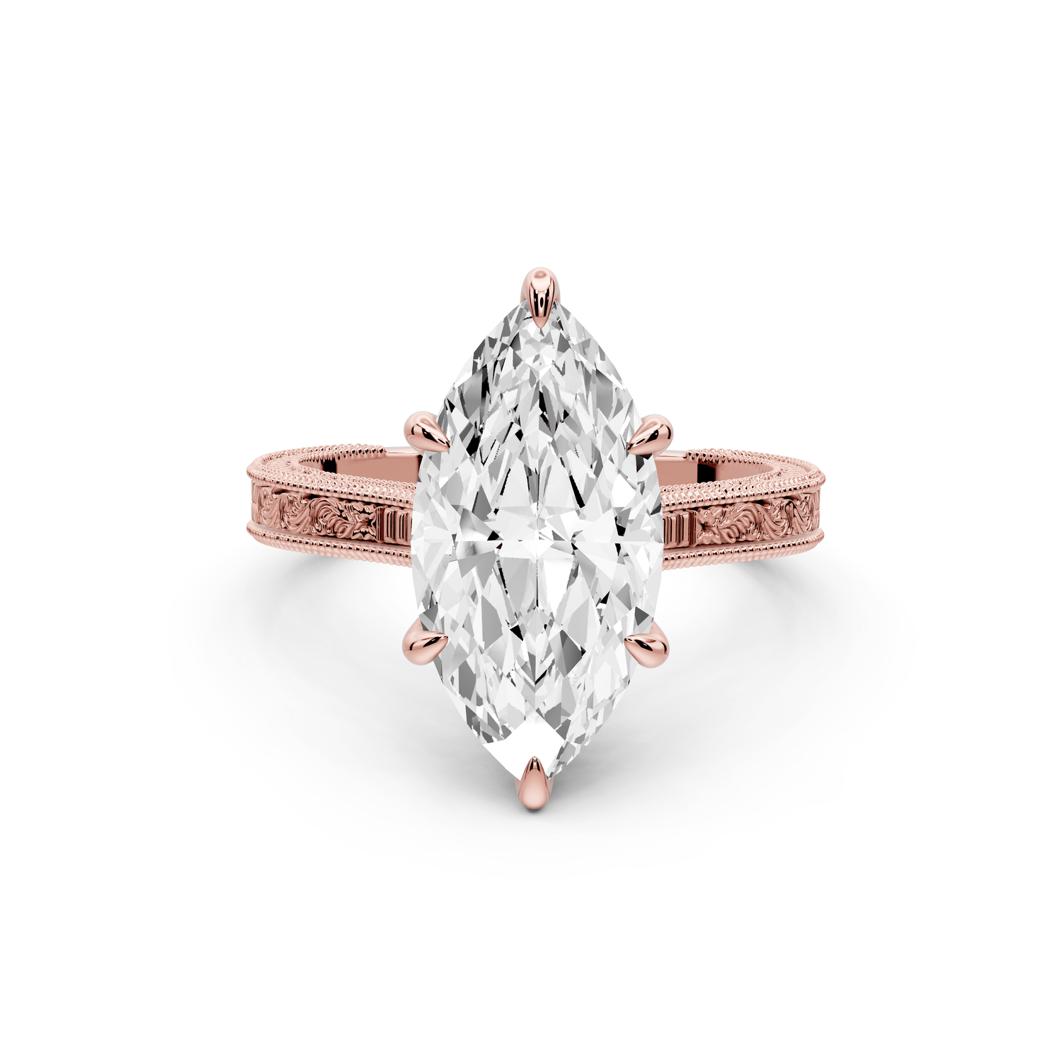 Daniel - 3ct 18k rose gold Marquise Vintage-Inspired Solitaire Engagement Ring with Hand-Engraved Milgrain Band - Mr. Alex Jewelry