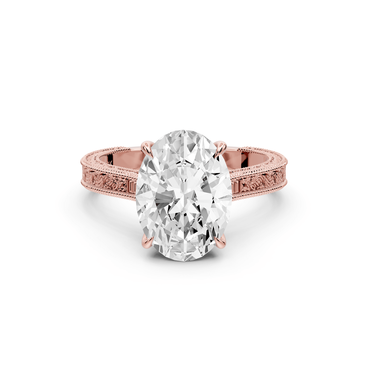 Daniel - 3ct 18k rose gold Oval Vintage-Inspired Solitaire Engagement Ring with Hand-Engraved Milgrain Band - Mr. Alex Jewelry