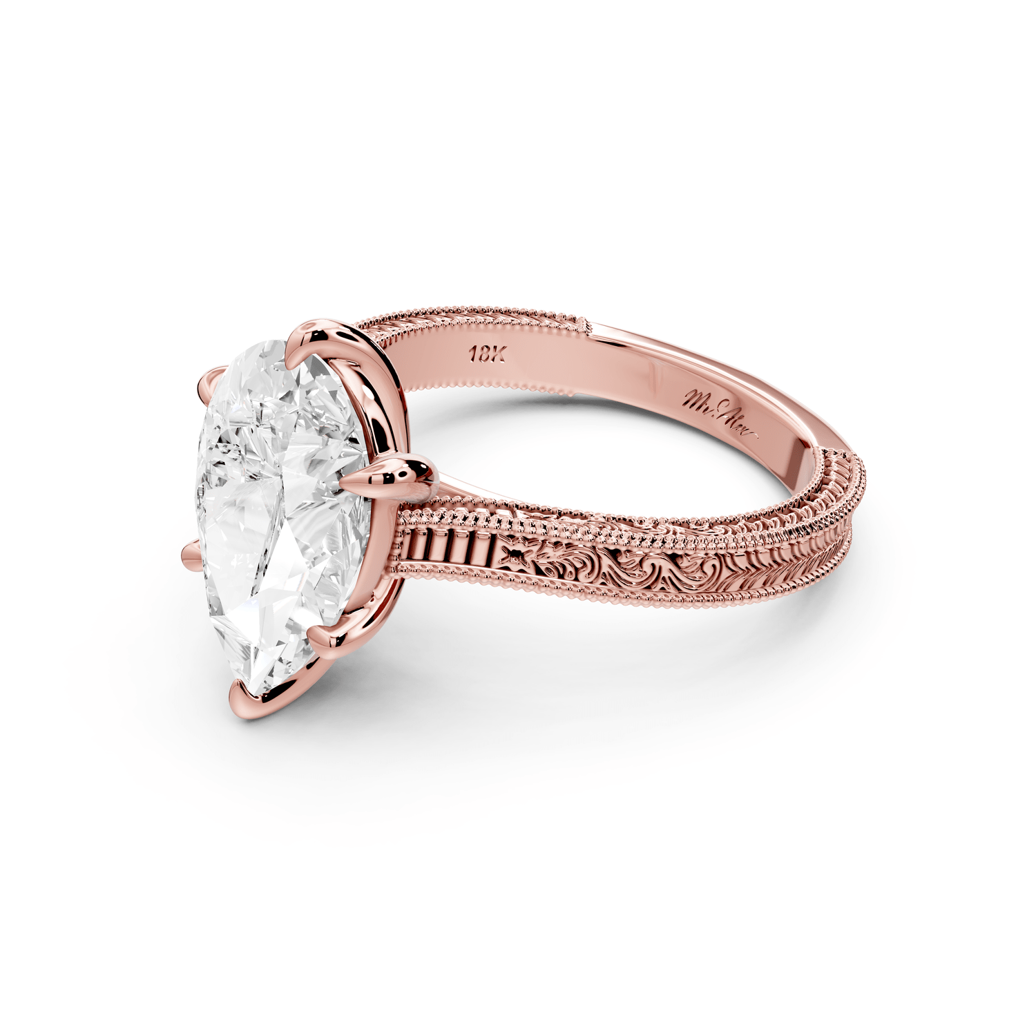 Daniel - 3ct 18k rose gold Pear Vintage-Inspired Solitaire Engagement Ring with Hand-Engraved Milgrain Band - Mr. Alex Jewelry
