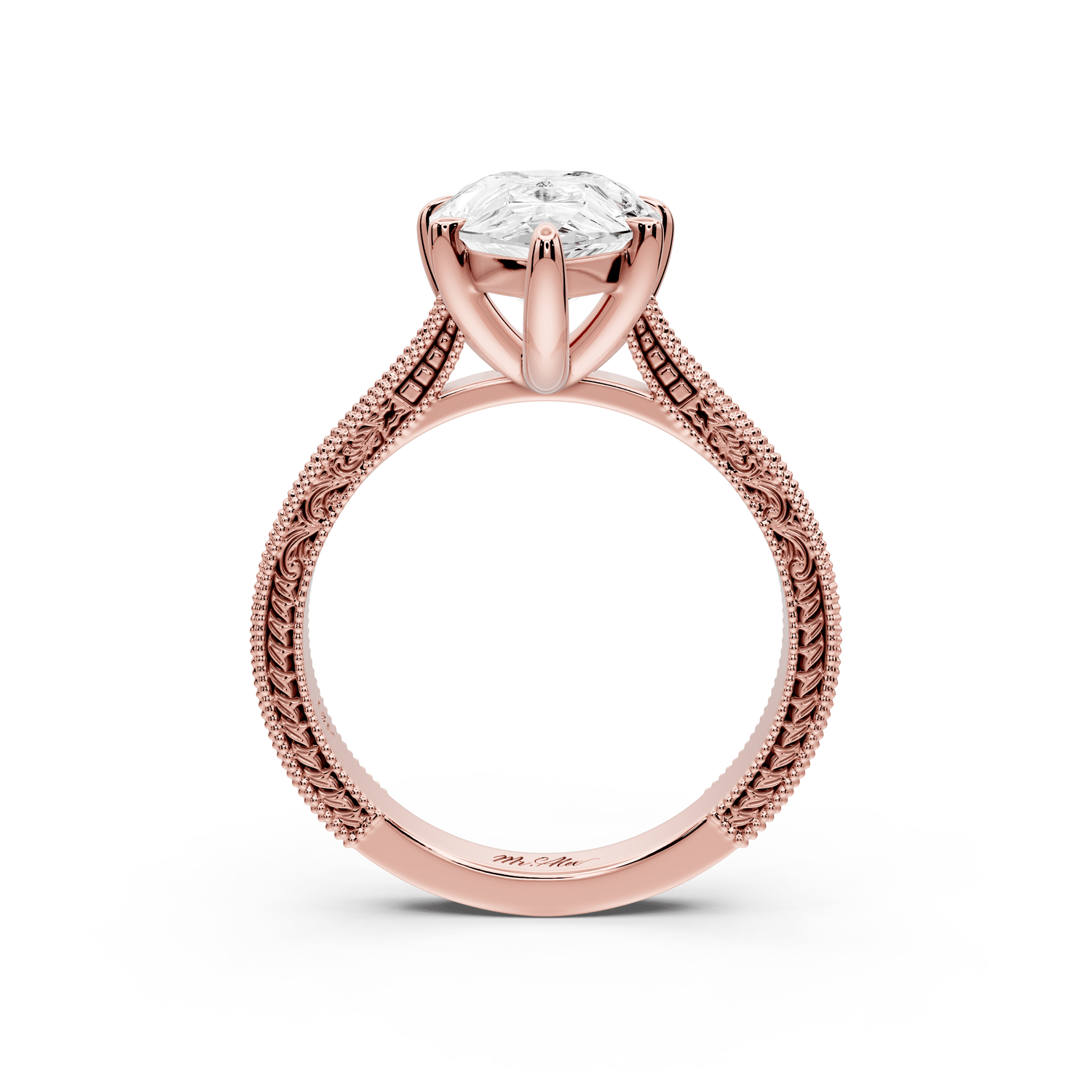 Daniel - 3ct 18k rose gold Pear Vintage-Inspired Solitaire Engagement Ring with Hand-Engraved Milgrain Band - Mr. Alex Jewelry