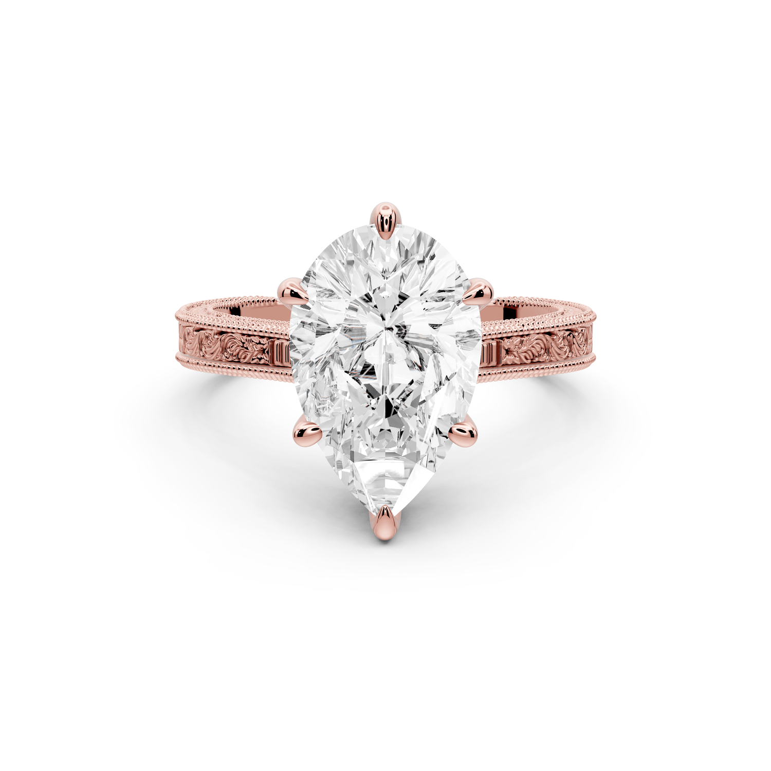 Daniel - 3ct 18k rose gold Pear Vintage-Inspired Solitaire Engagement Ring with Hand-Engraved Milgrain Band - Mr. Alex Jewelry