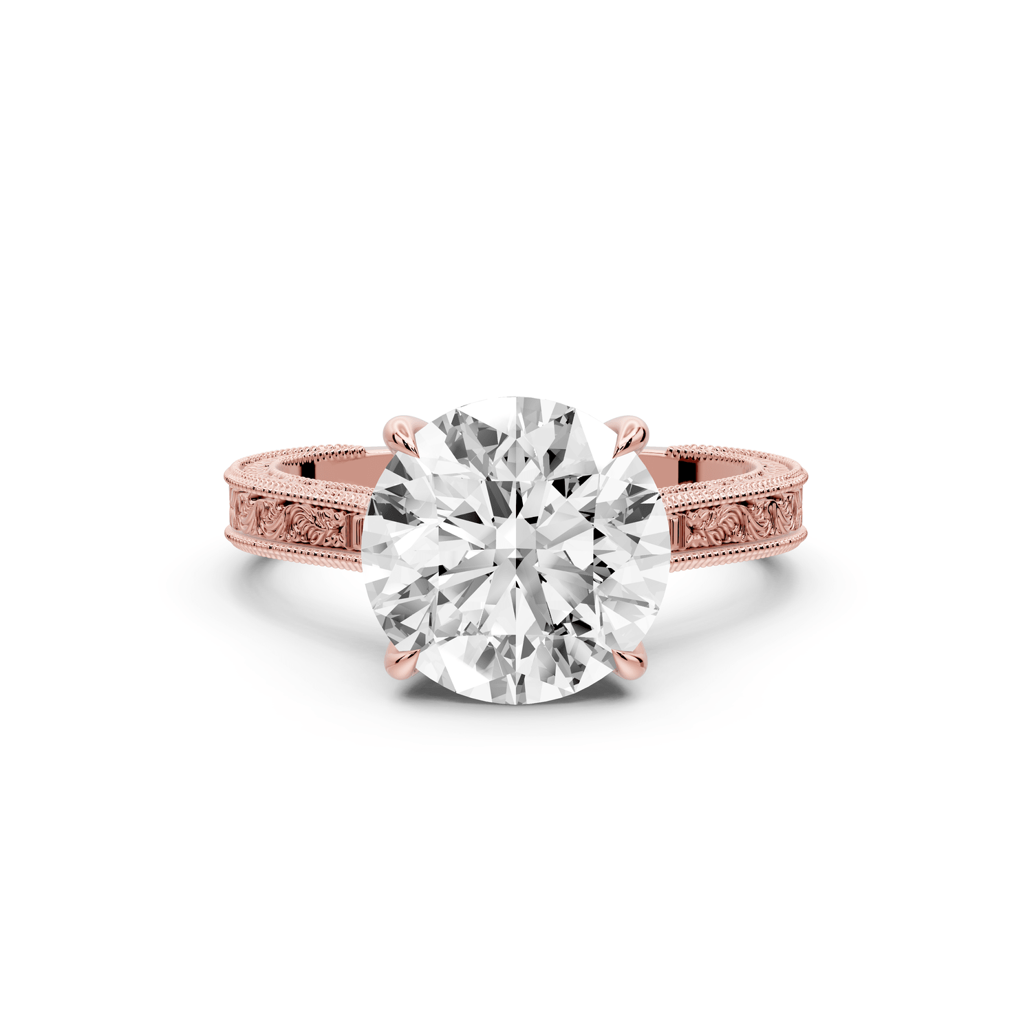Daniel - 3ct 18k rose gold Round Vintage-Inspired Solitaire Engagement Ring with Hand-Engraved Milgrain Band - Mr. Alex Jewelry