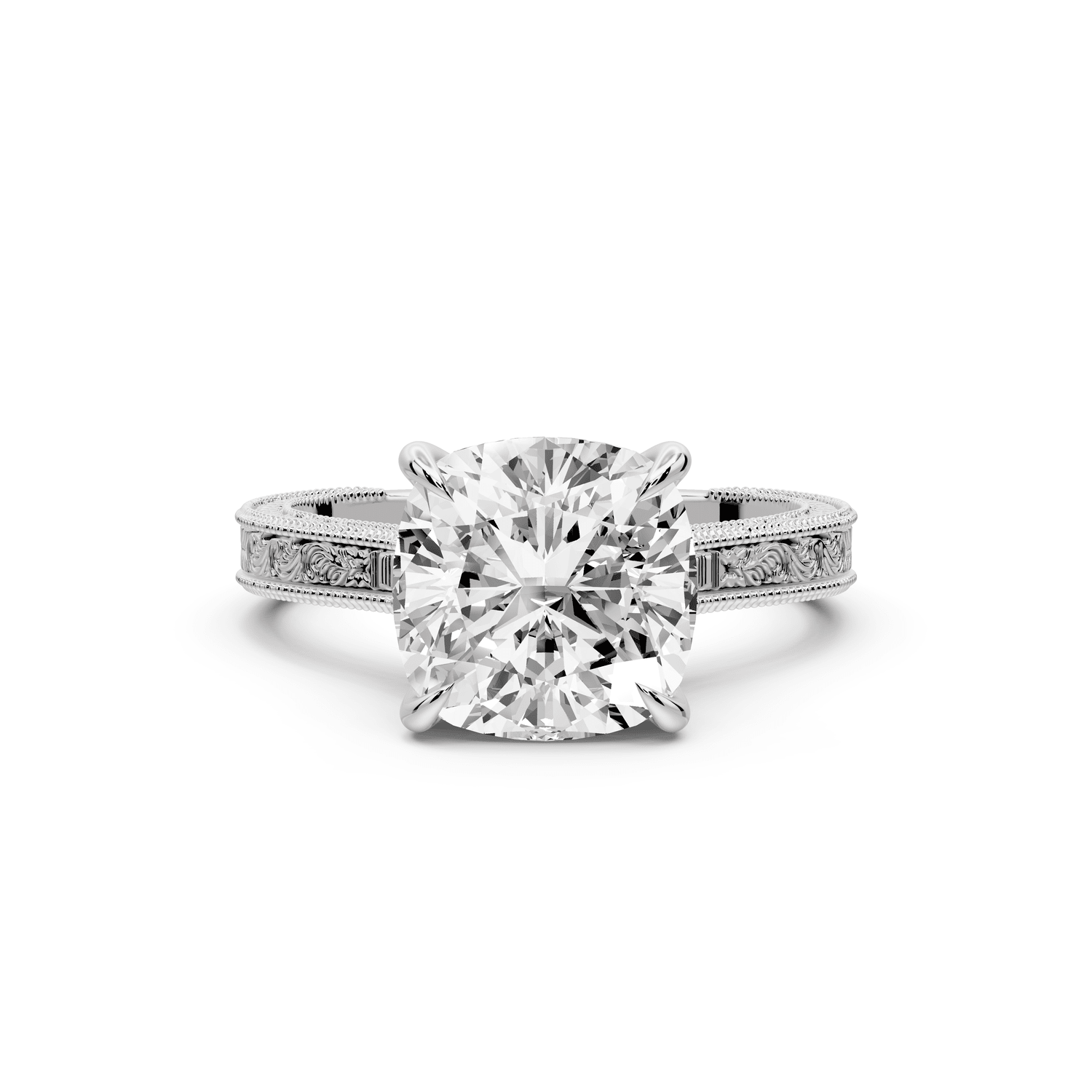 Daniel - 3ct 18k white gold Cushion Vintage-Inspired Solitaire Engagement Ring with Hand-Engraved Milgrain Band - Mr. Alex Jewelry