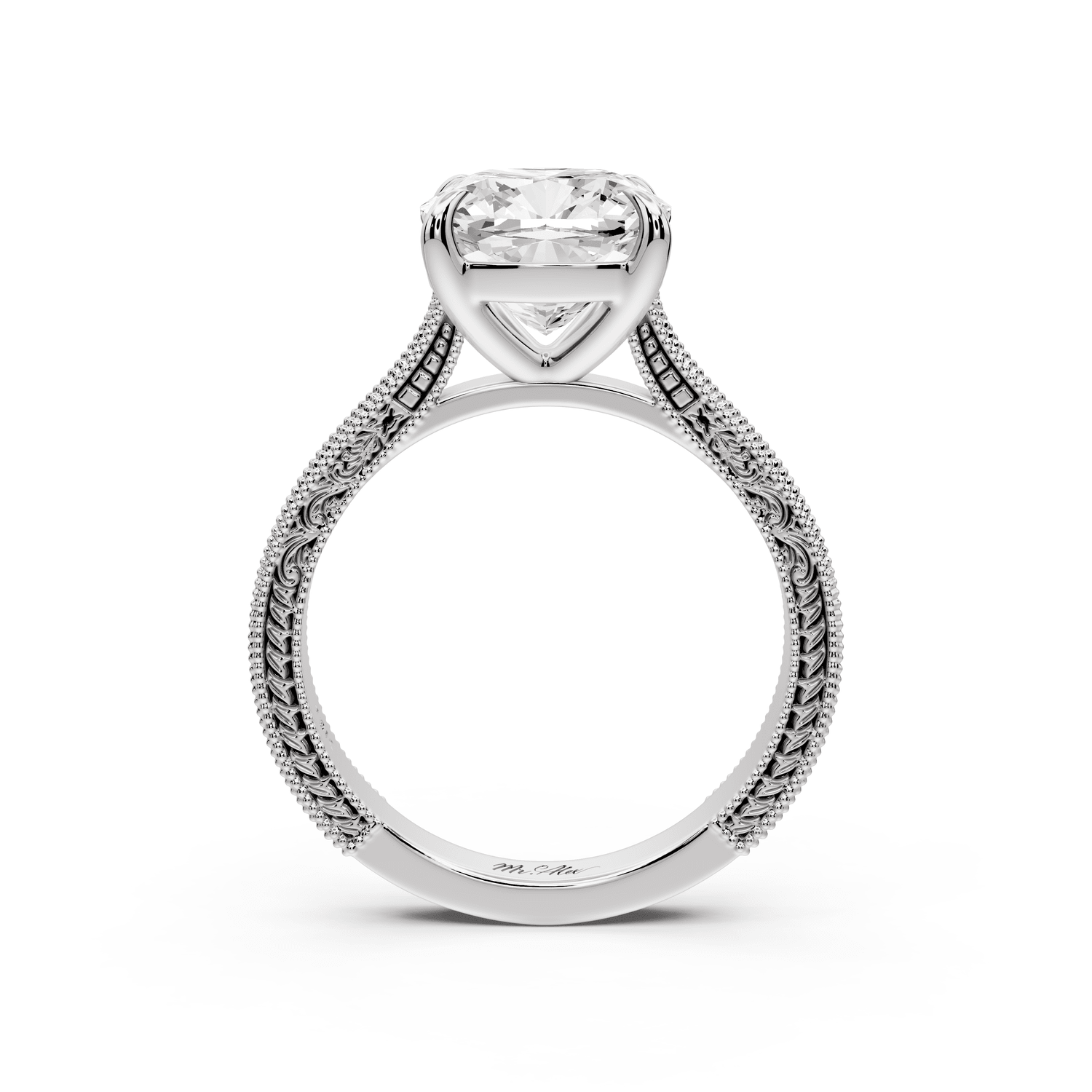 Daniel - 3ct 18k white gold Cushion Vintage-Inspired Solitaire Engagement Ring with Hand-Engraved Milgrain Band - Mr. Alex Jewelry