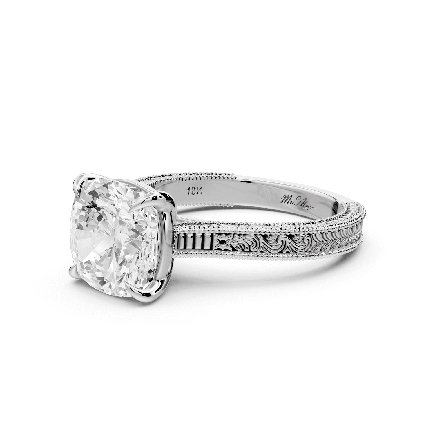 Daniel - 3ct 18k white gold Cushion Vintage-Inspired Solitaire Engagement Ring with Hand-Engraved Milgrain Band - Mr. Alex Jewelry