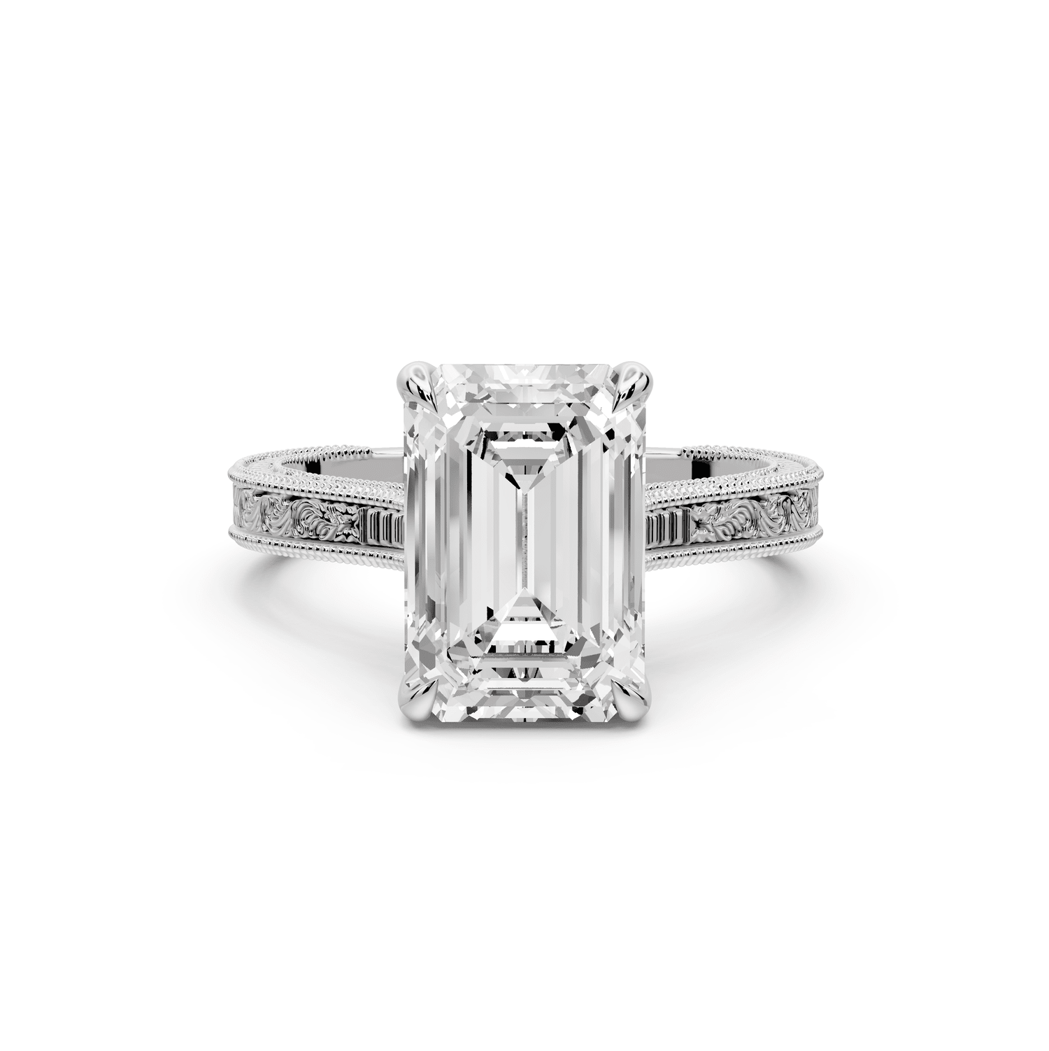 Daniel - 3ct 18k white gold Emerald Vintage-Inspired Solitaire Engagement Ring with Hand-Engraved Milgrain Band - Mr. Alex Jewelry