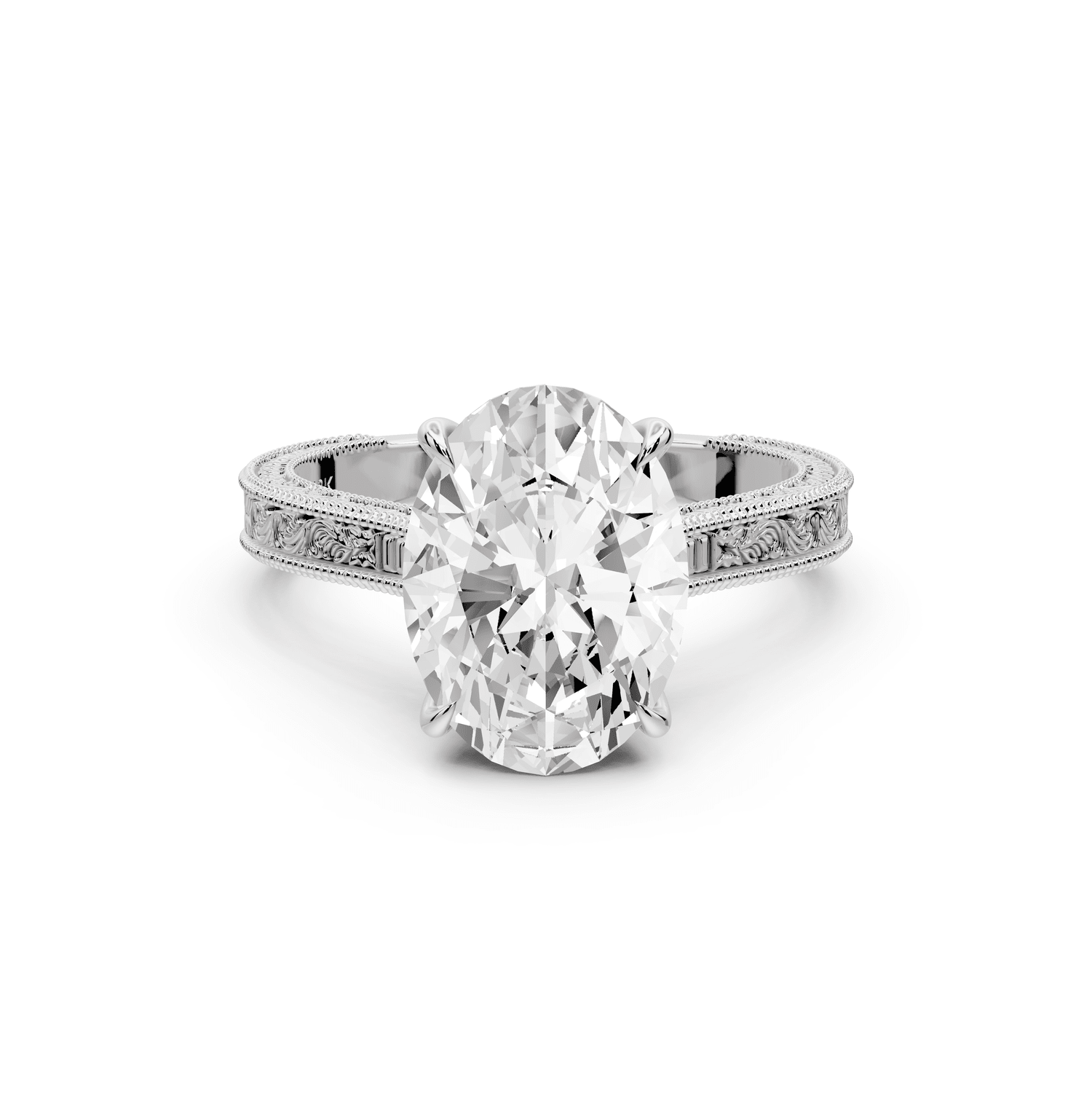Daniel - 3ct 18k white gold Oval Vintage-Inspired Solitaire Engagement Ring with Hand-Engraved Milgrain Band - Mr. Alex Jewelry