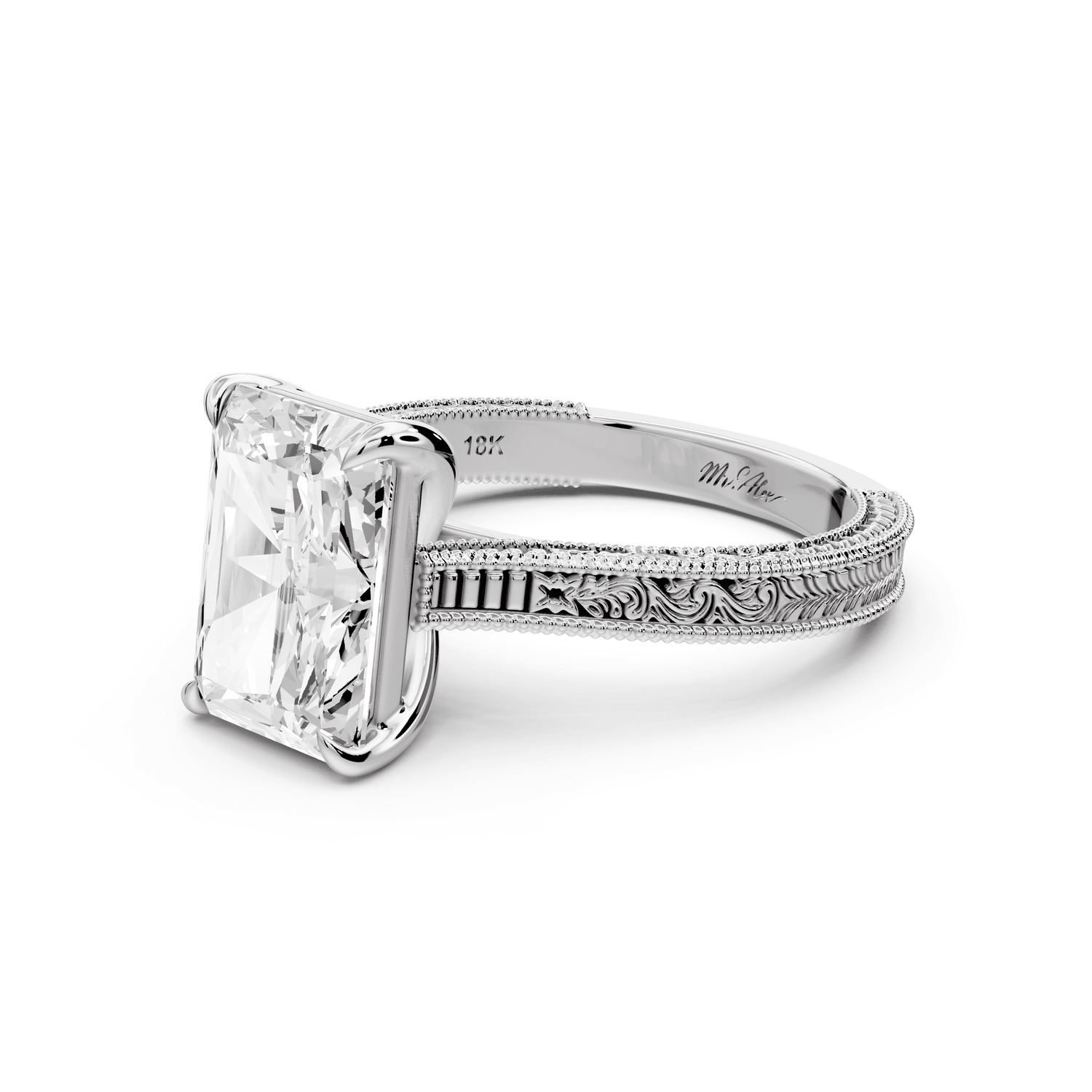 Daniel - 3ct 18k white gold Radiant Vintage-Inspired Solitaire Engagement Ring with Hand-Engraved Milgrain Band - Mr. Alex Jewelry
