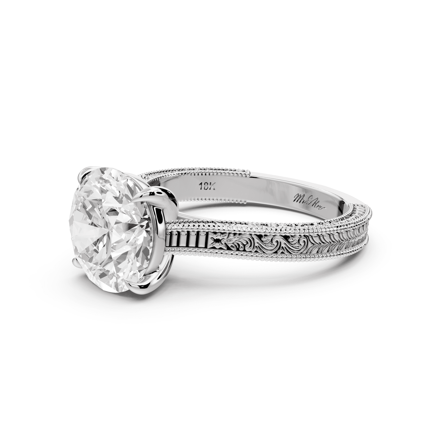 Daniel - 3ct 18k white gold Round Vintage-Inspired Solitaire Engagement Ring with Hand-Engraved Milgrain Band - Mr. Alex Jewelry