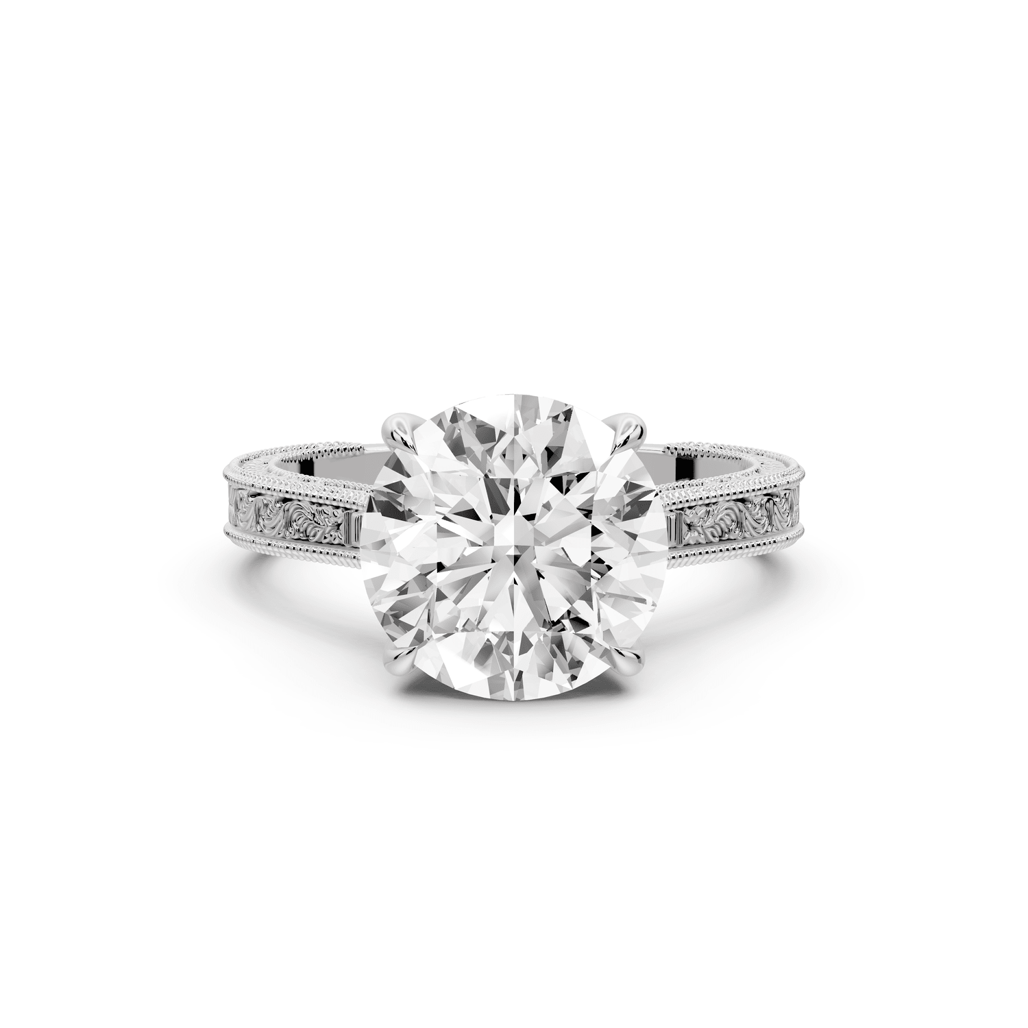 Daniel - 3ct 18k white gold Round Vintage-Inspired Solitaire Engagement Ring with Hand-Engraved Milgrain Band - Mr. Alex Jewelry