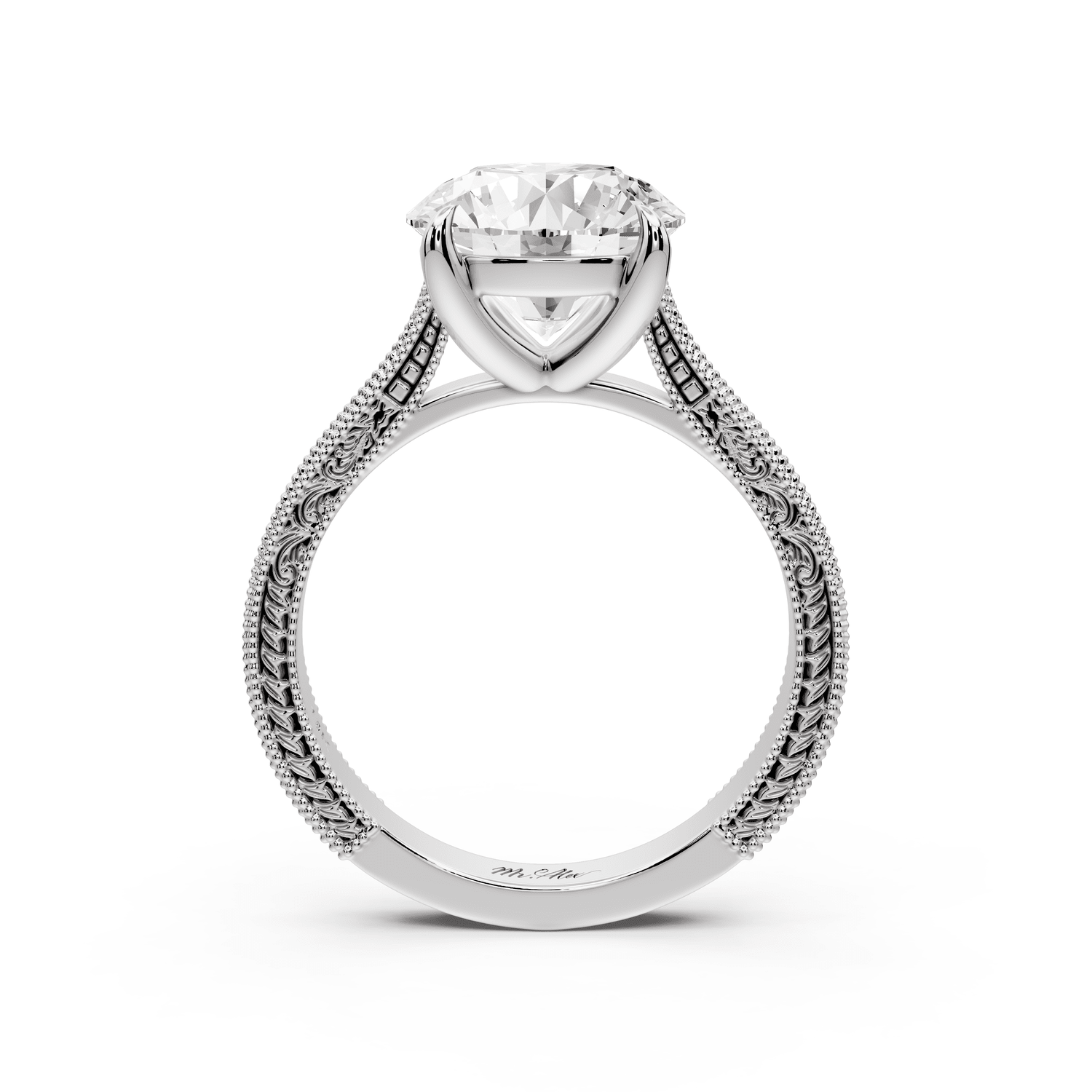 Daniel - 3ct 18k white gold Round Vintage-Inspired Solitaire Engagement Ring with Hand-Engraved Milgrain Band - Mr. Alex Jewelry