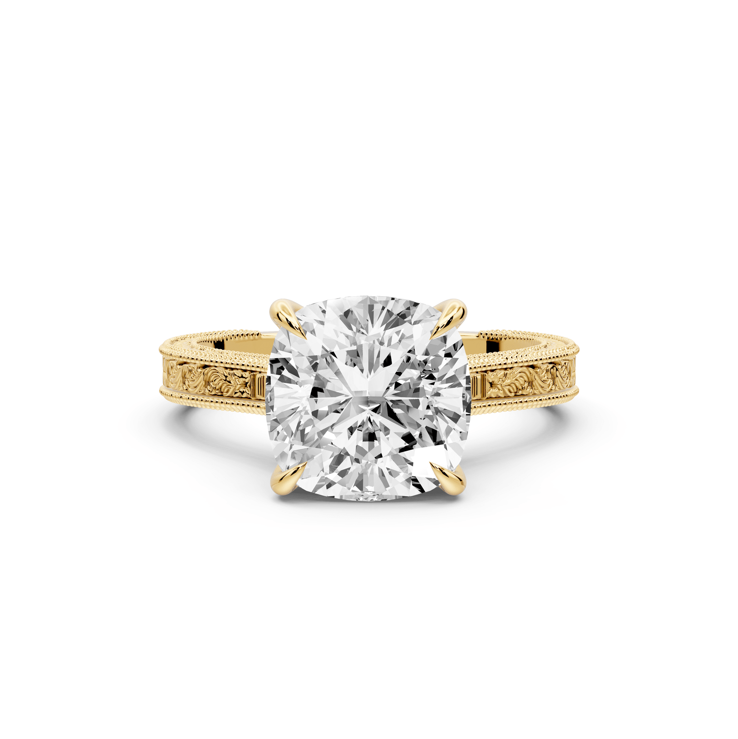 Daniel - 3ct 18k yellow gold Cushion Vintage-Inspired Solitaire Engagement Ring with Hand-Engraved Milgrain Band - Mr. Alex Jewelry