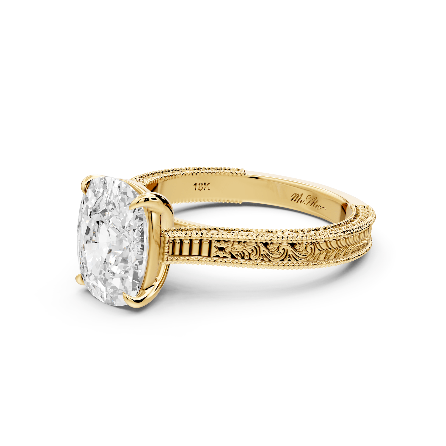 Daniel - 3ct 18k yellow gold Ecushion Vintage-Inspired Solitaire Engagement Ring with Hand-Engraved Milgrain Band - Mr. Alex Jewelry