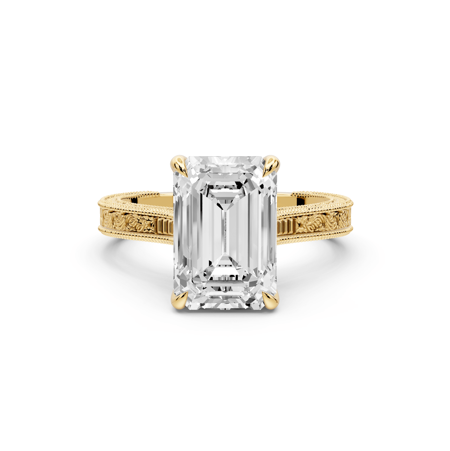 Daniel - 3ct 18k yellow gold Emerald Vintage-Inspired Solitaire Engagement Ring with Hand-Engraved Milgrain Band - Mr. Alex Jewelry