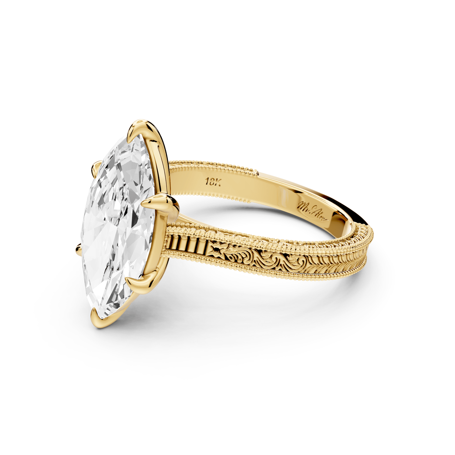 Daniel - 3ct 18k yellow gold Marquise Vintage-Inspired Solitaire Engagement Ring with Hand-Engraved Milgrain Band - Mr. Alex Jewelry